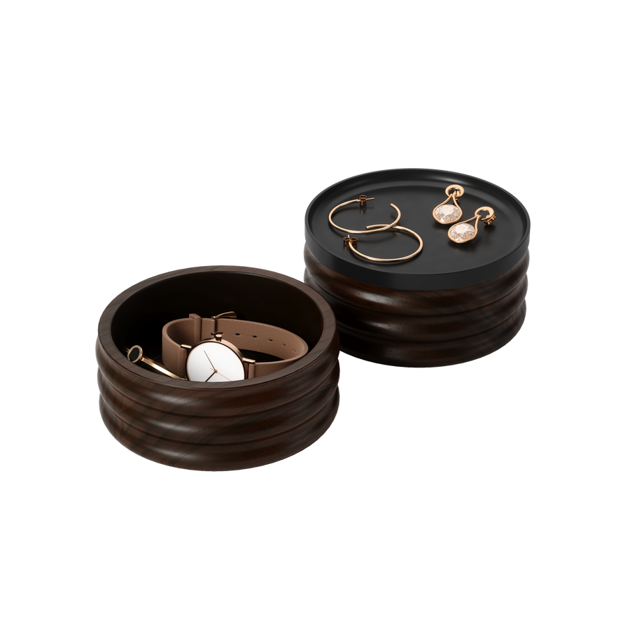 Umbra Tesora storage box in walnut and black holding a watch and earrings