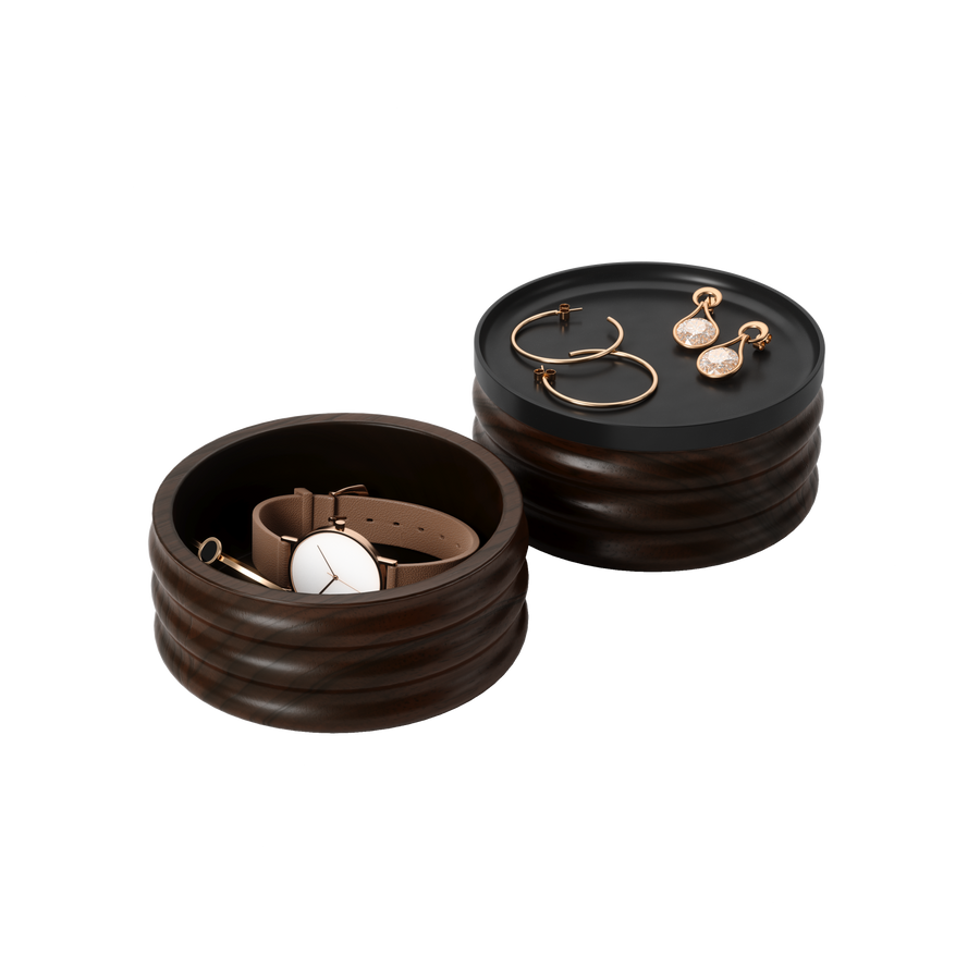 Umbra Tesora storage box in walnut and black holding a watch and earrings