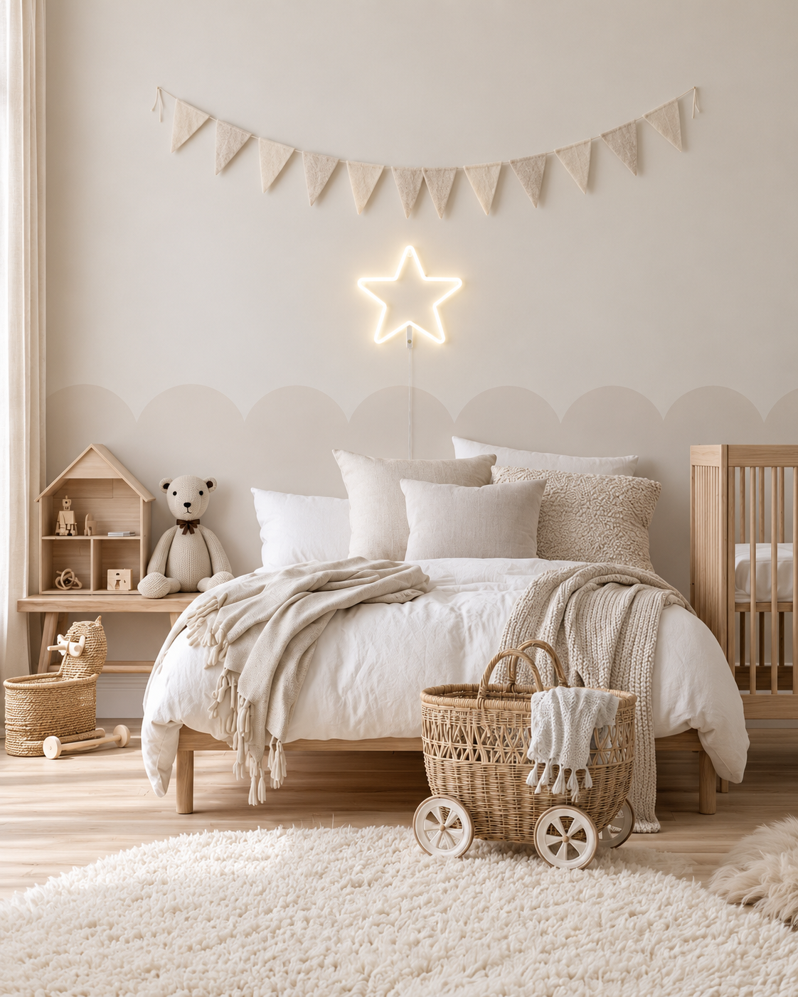Star neon LED wall light glowing warm white above a kids bed under linen bunting in a scalloped bedroom