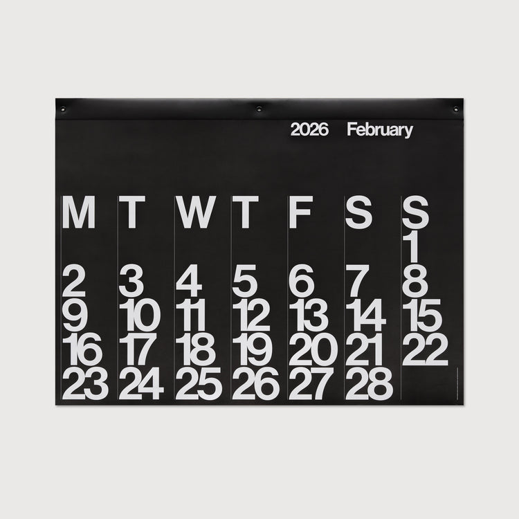Reverse Stendig calendar page with white oversized numerals on black for February