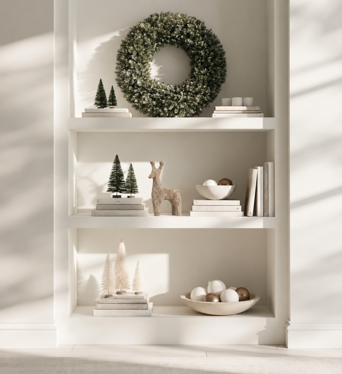 White shelving styled for Christmas with a wreath, mini trees, a stone-look deer and books