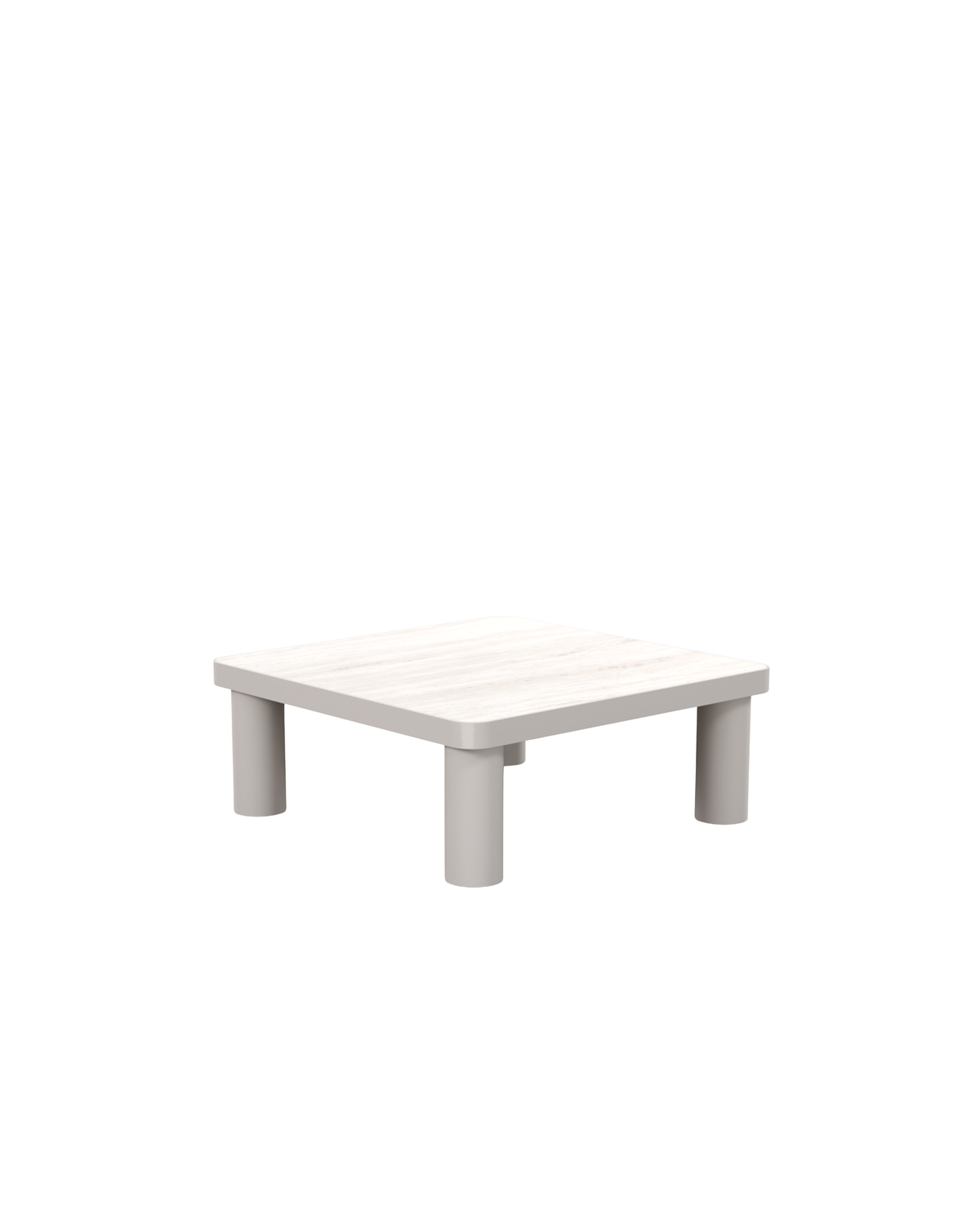 Stormy Coffee Table by Ned Collections, low square stone top on four cylindrical legs in Light Clay, on a white background