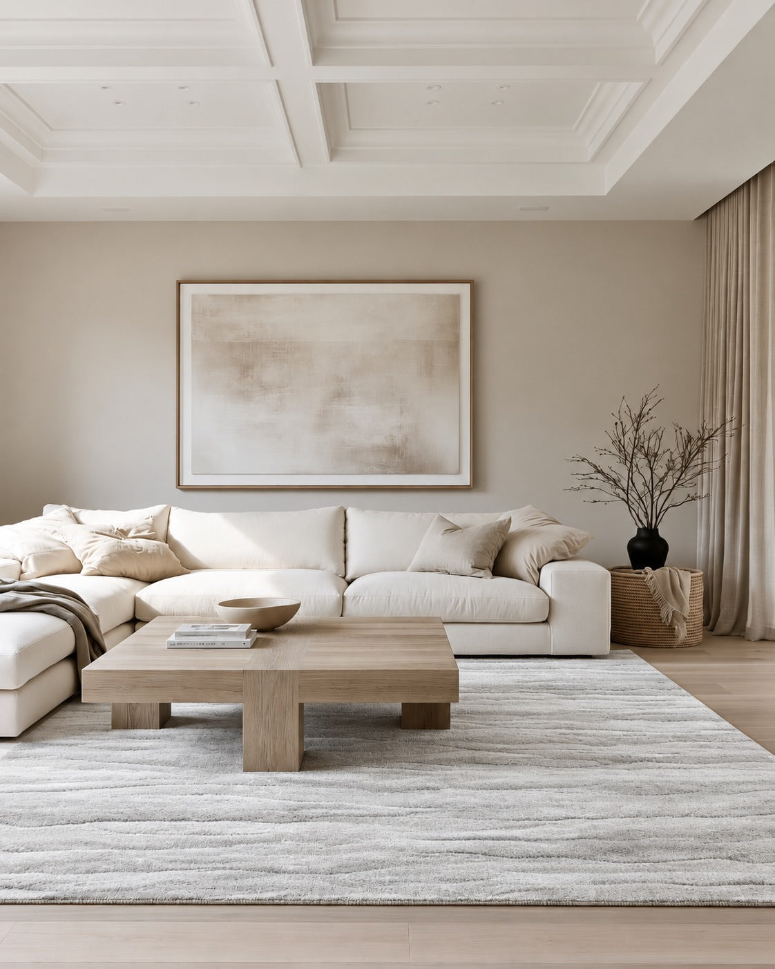 Strata Drift Grey Rug under a square timber coffee table in front of a cream sectional sofa in a lounge with a coffered ceiling