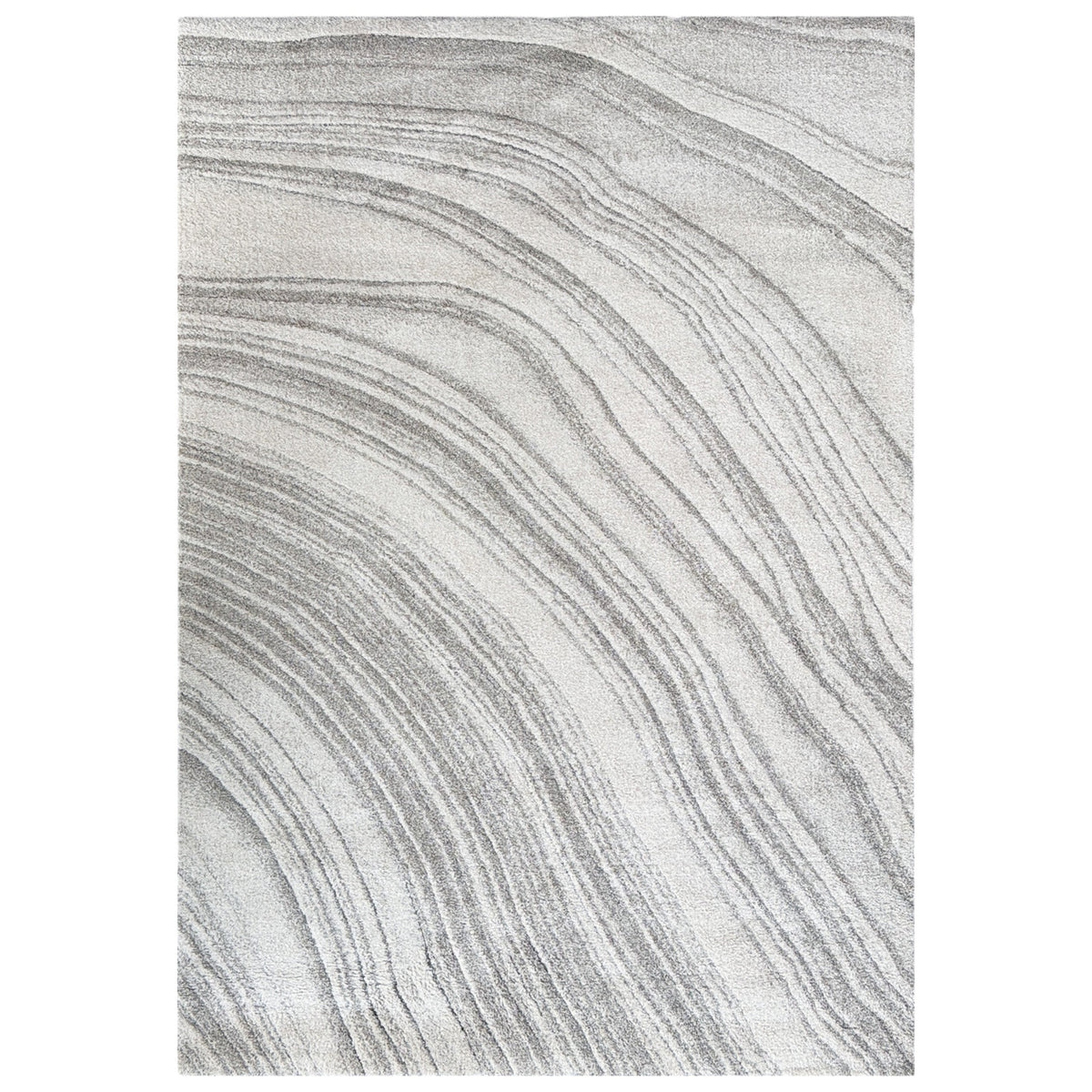 Strata Form Grey Rug with flowing grey and white wave bands, shown flat on white