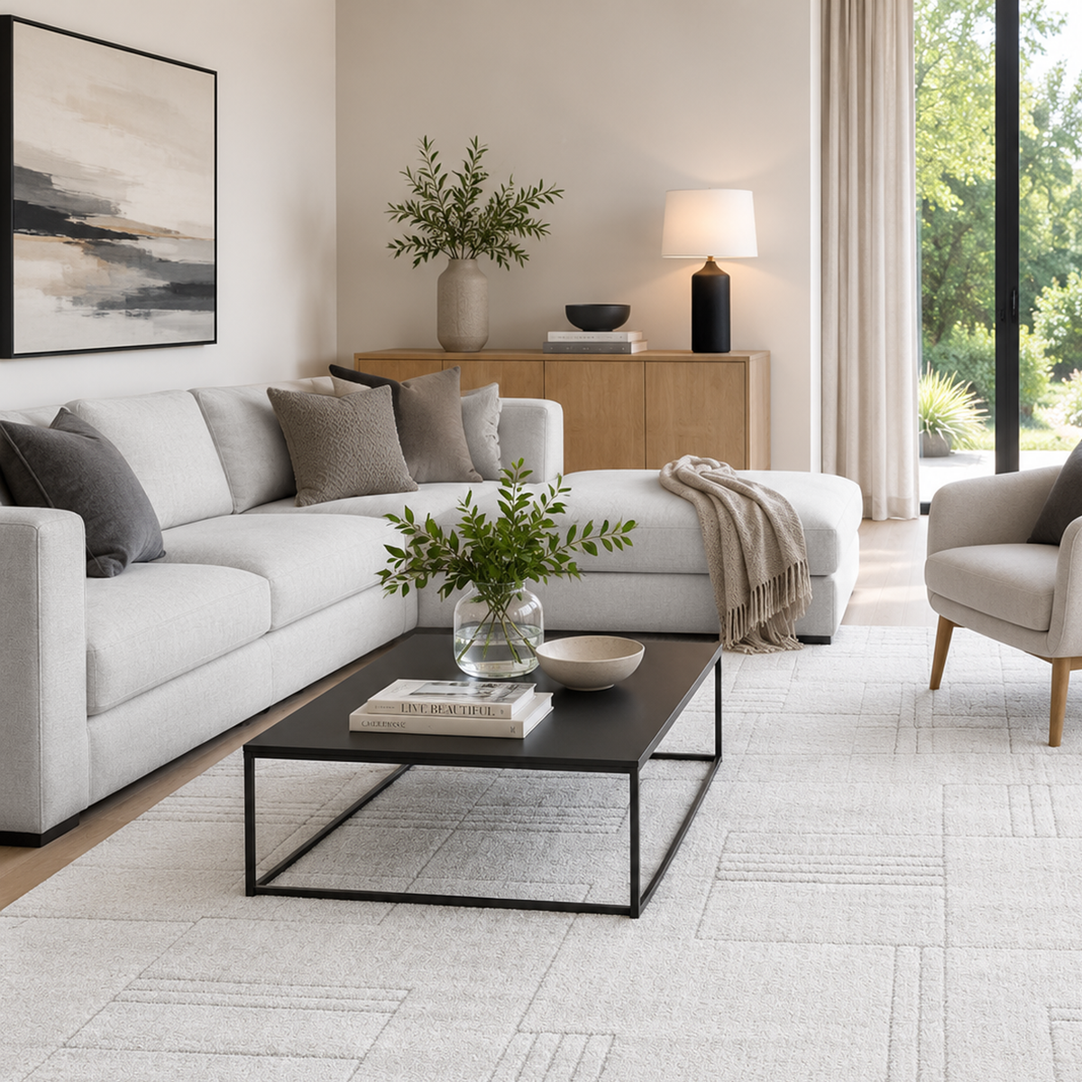 Beige line pattern rug under a black coffee table in front of a pale grey sofa in a bright lounge