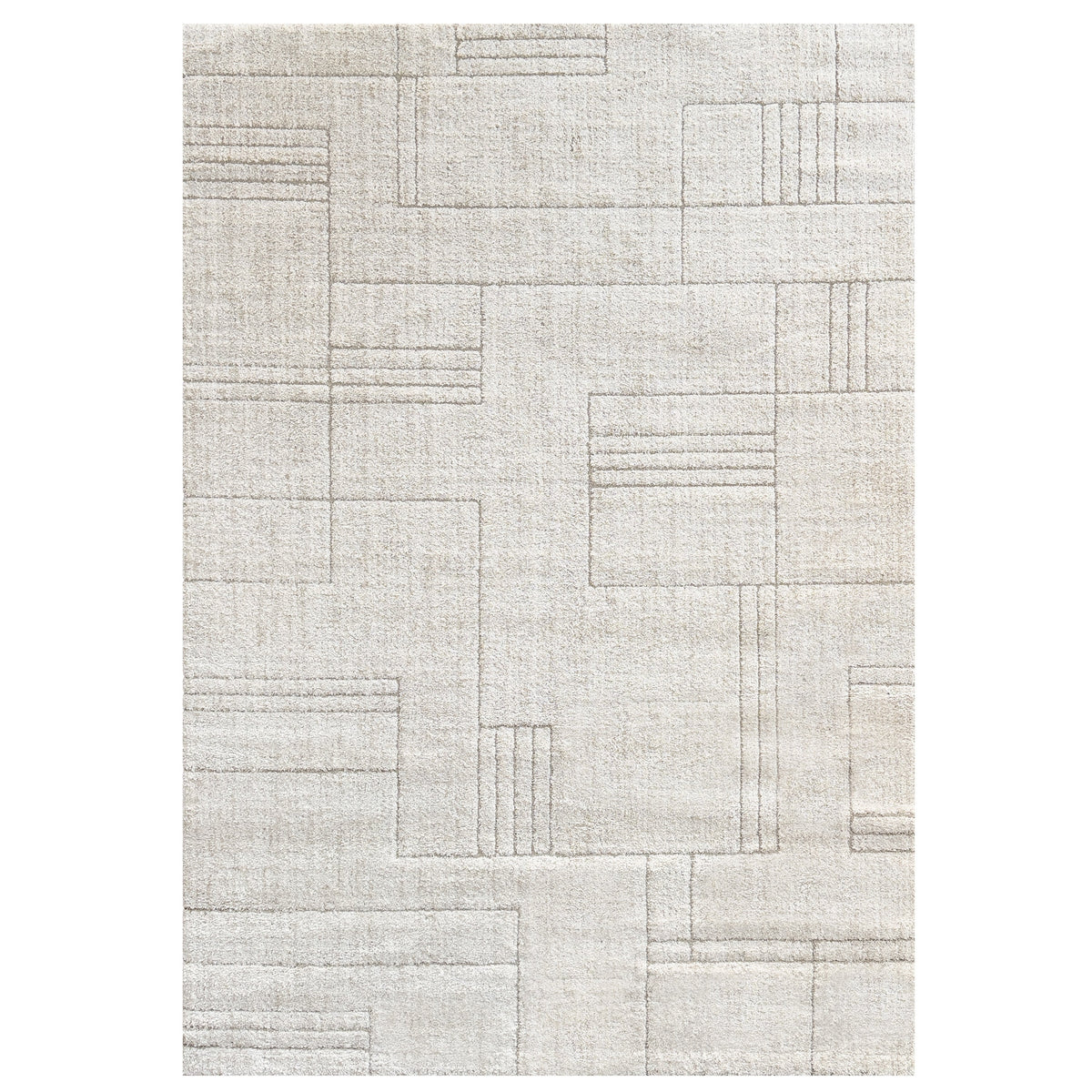 Strata Linear Beige Rug with fine tonal lines in an abstract grid, shown flat on white