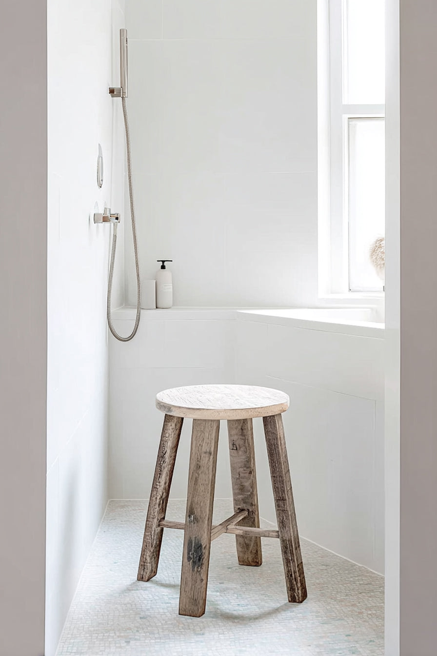 Natural teak stool beside a freestanding bath in a white bathroom