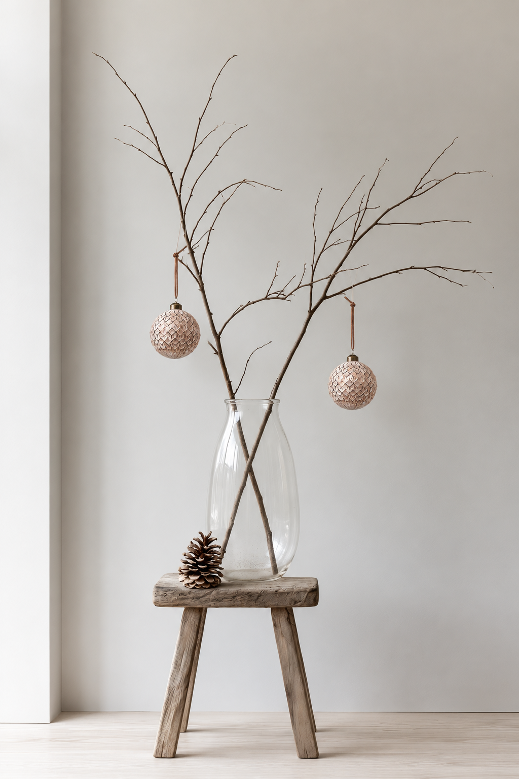 Two tessellated pattern glass baubles in brown and gold hanging from bare branches in a glass vase on a timber stool