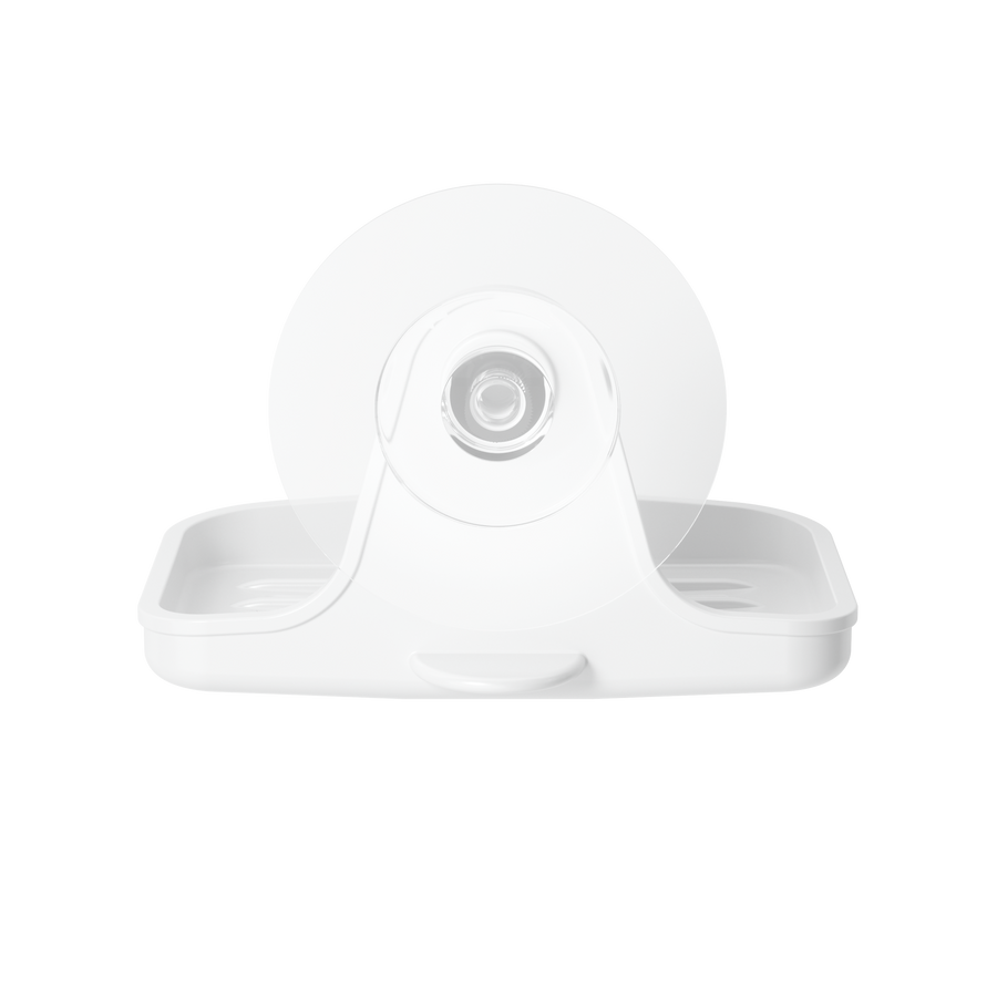 Umbra Flex adhesive soap dish in white seen from the front on its adhesive disc