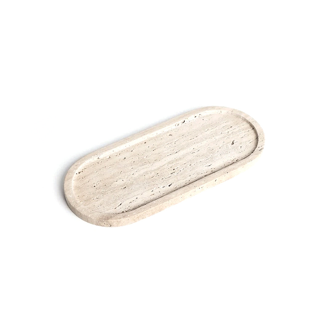 Line Tray travertine display and serving tray by Ned Collections