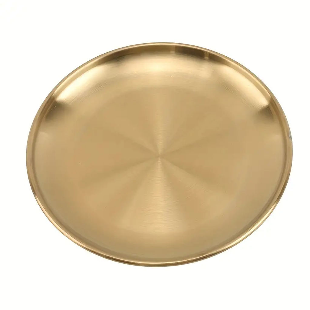 Round Stainless Steel Decor Tray in gold and silver on white background