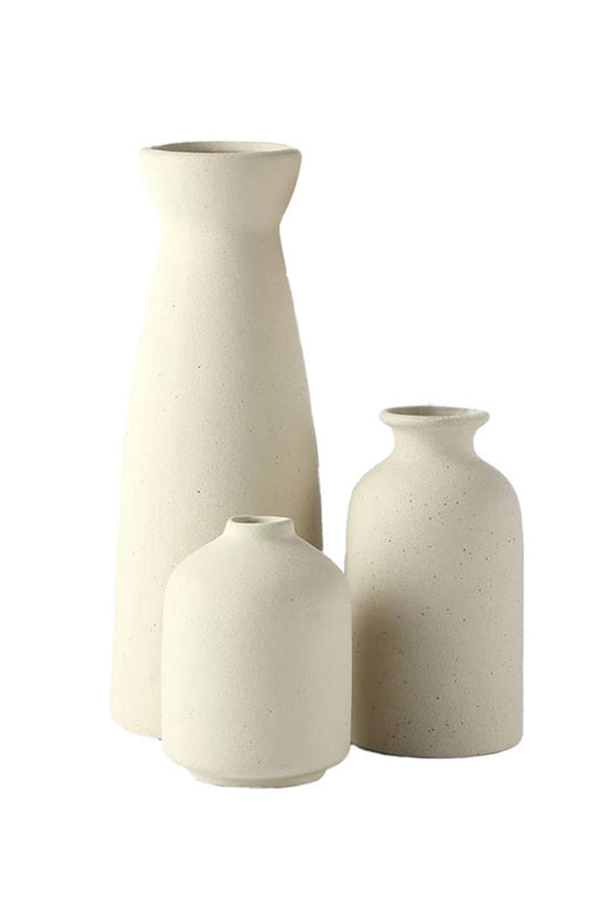 Trio Bud Vases in sand, three matte bottle vases in tall, medium and short heights on white