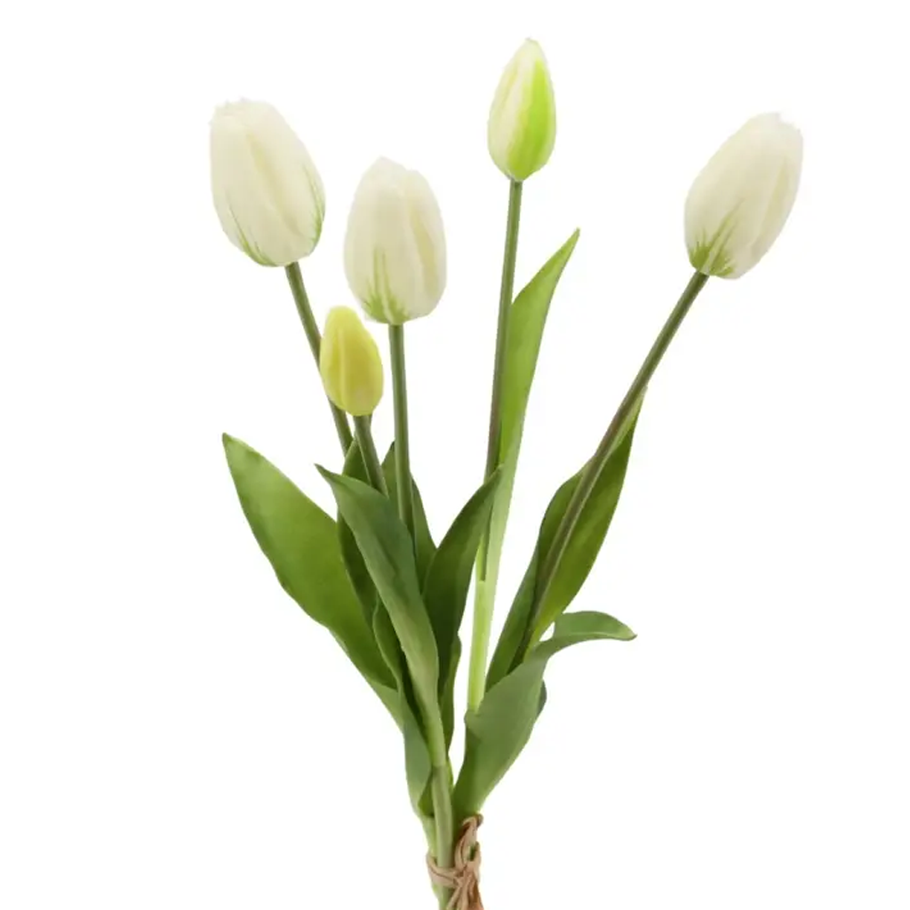 Bundle of white faux tulips with green leaves and bound stems, shown against a plain white background