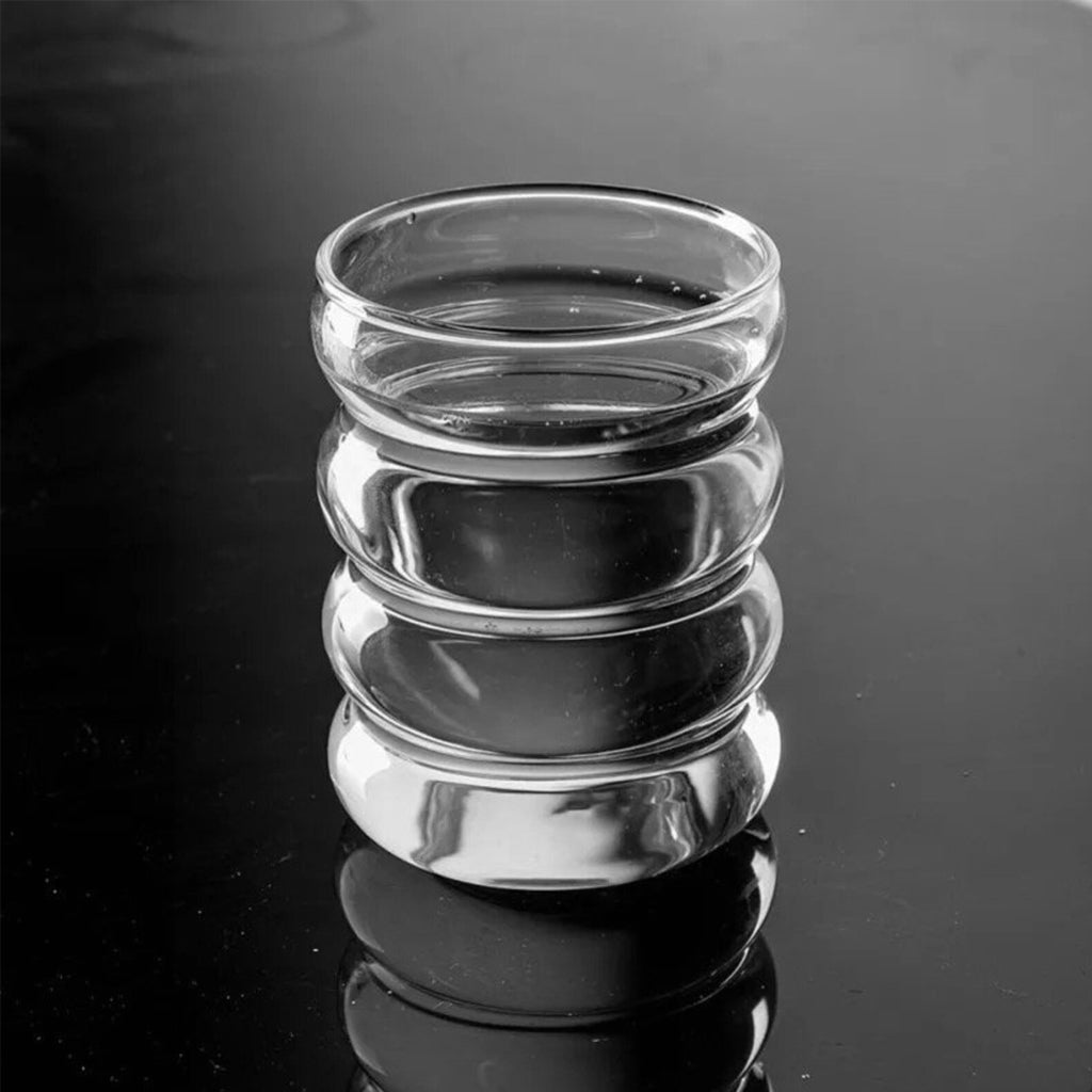 Caterpillar glass tumbler shown from the side, ribbed borosilicate glass, 9.7cm high