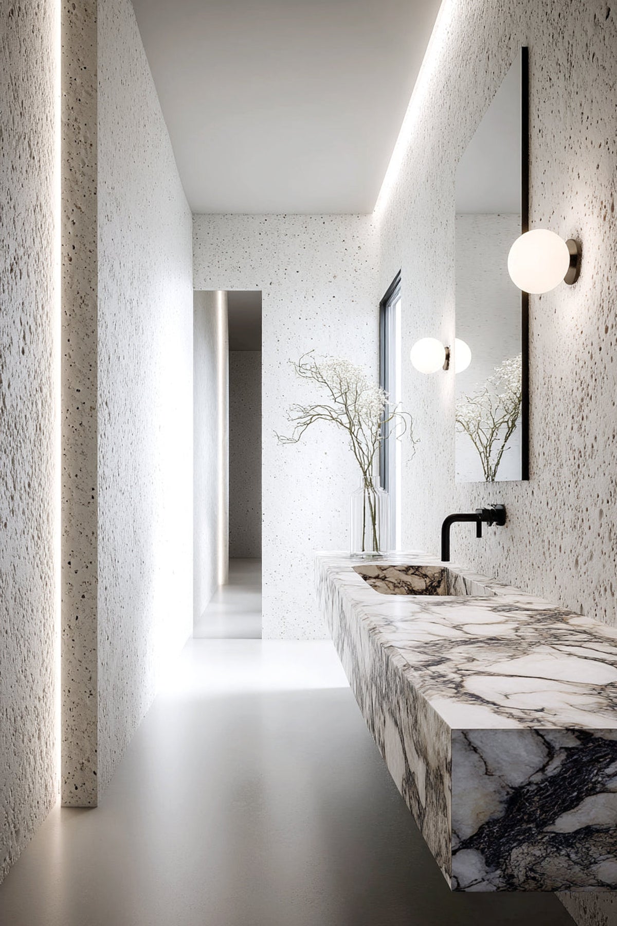 Curling willow stems in a fluted glass vase on a marble vanity in a narrow bathroom with speckled walls