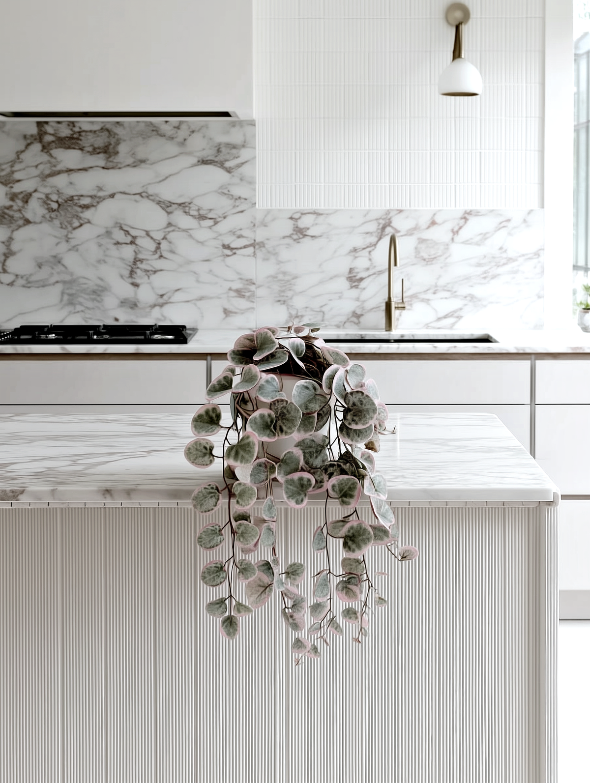 Faux string of hearts cascading over a marble kitchen island with fluted cabinetry and brass tapware