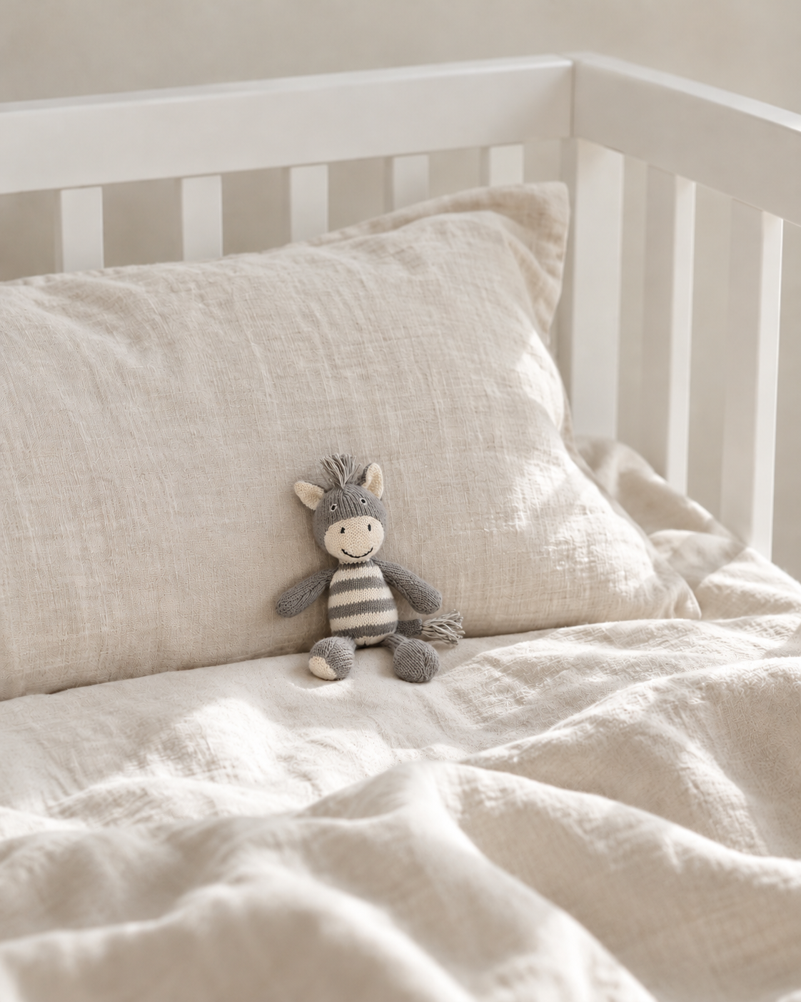 Small Bowie the zebra knitted rattle sitting on a linen pillow in a white cot