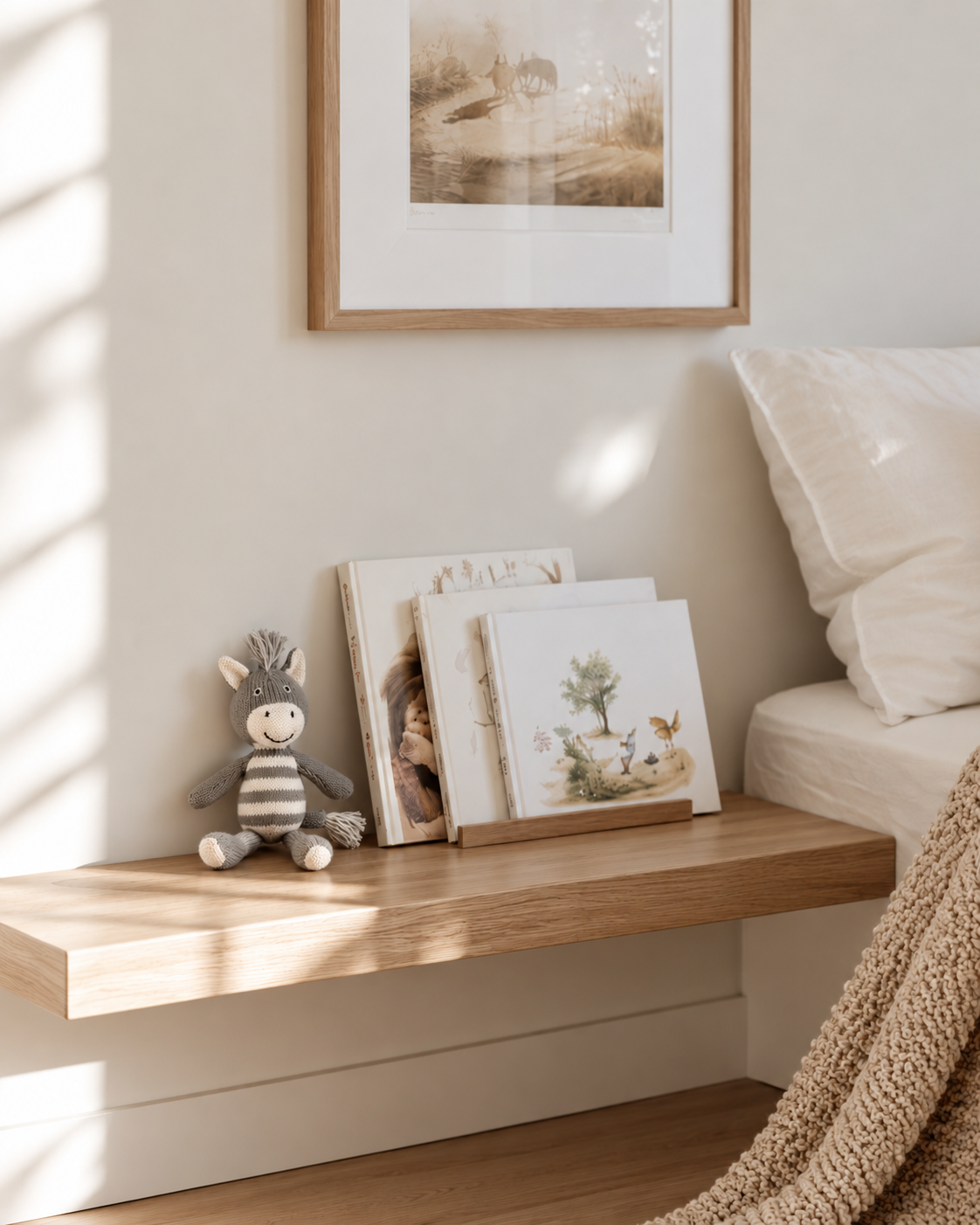 Bowie the zebra knitted rattle on an oak bedside ledge beside picture books