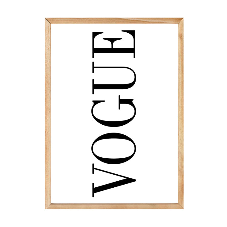 Vogue print in a natural timber frame, on white