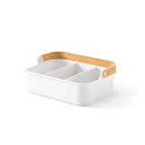 A stackable Umbra Bellwood Storage Bin with three compartments and a sustainable wooden handle, perfect for organizing.
