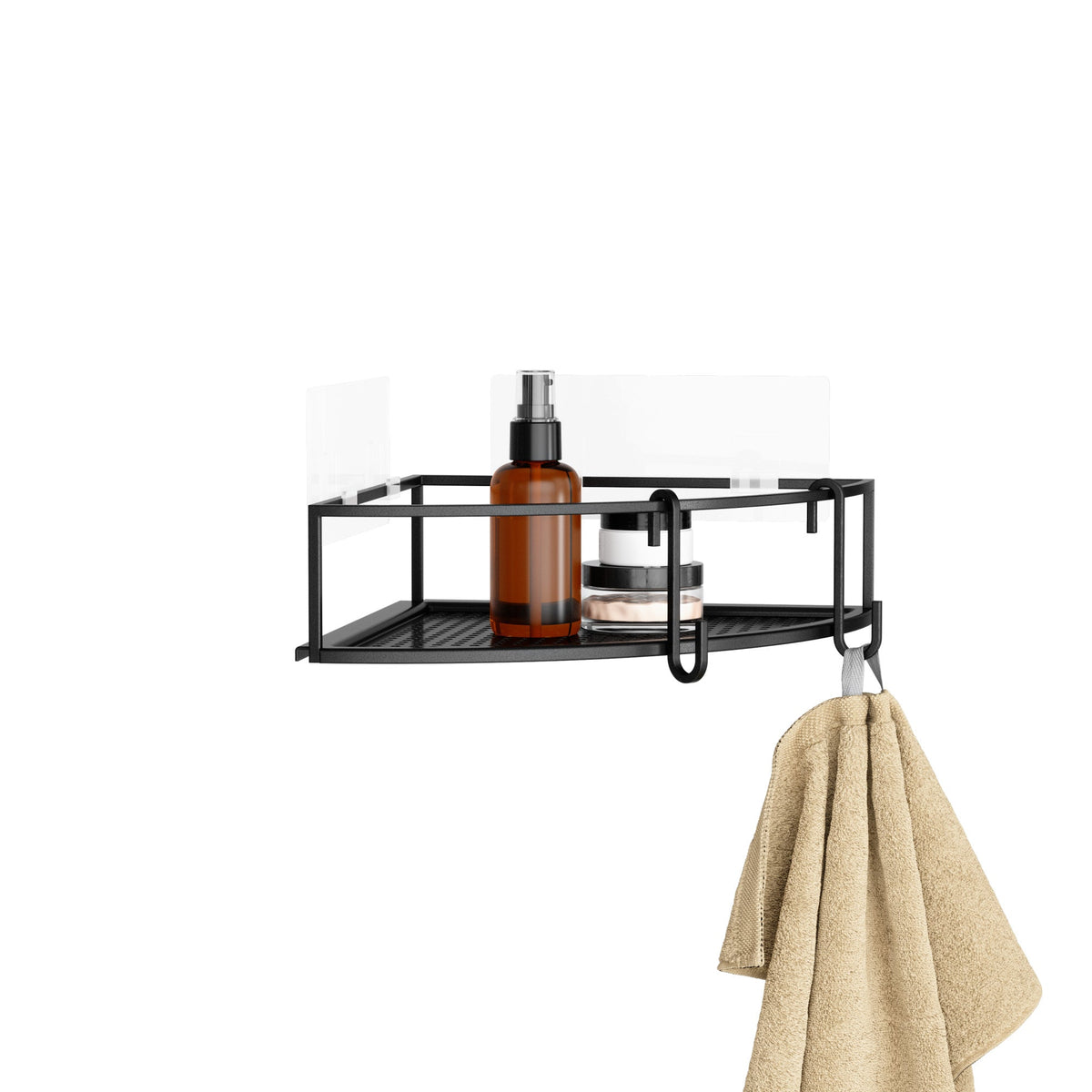 Umbra Cubiko corner bin in black holding a bottle, towel hanging from its hook