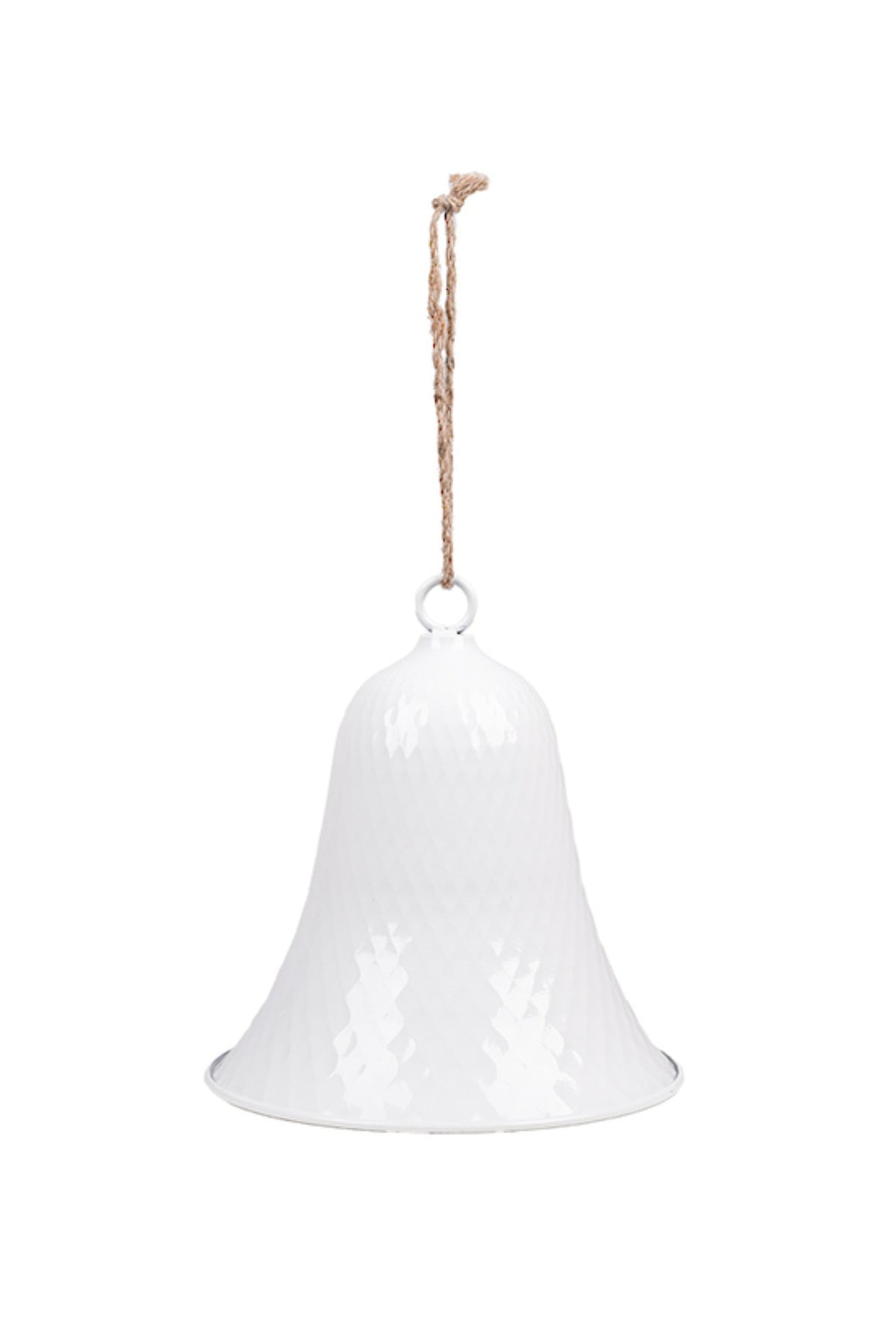 White enamel diamond texture metal bell hanging Christmas decoration on a twine loop