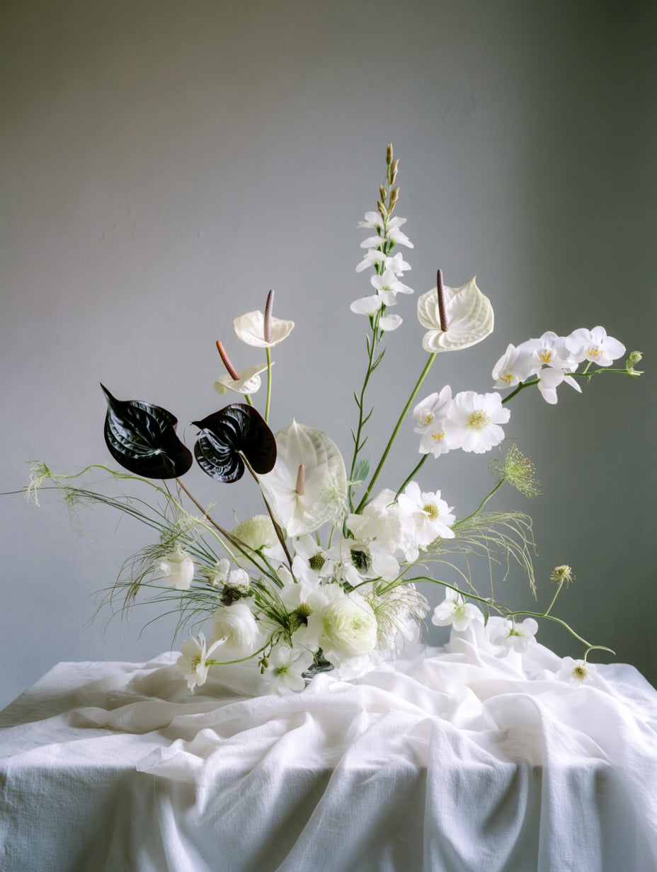 White wild indigo arranged with black tulips and white blooms on a draped cloth