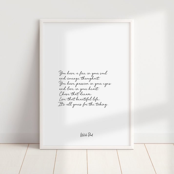Wilde Road 'Fire in your soul' typography print, A4/A5 unframed wall art on textured matte stock