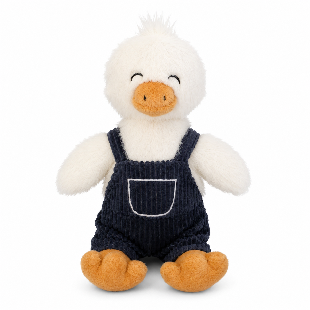 Willow the Duck soft toy by Lily & George, white plush duck in navy overalls with orange beak and feet