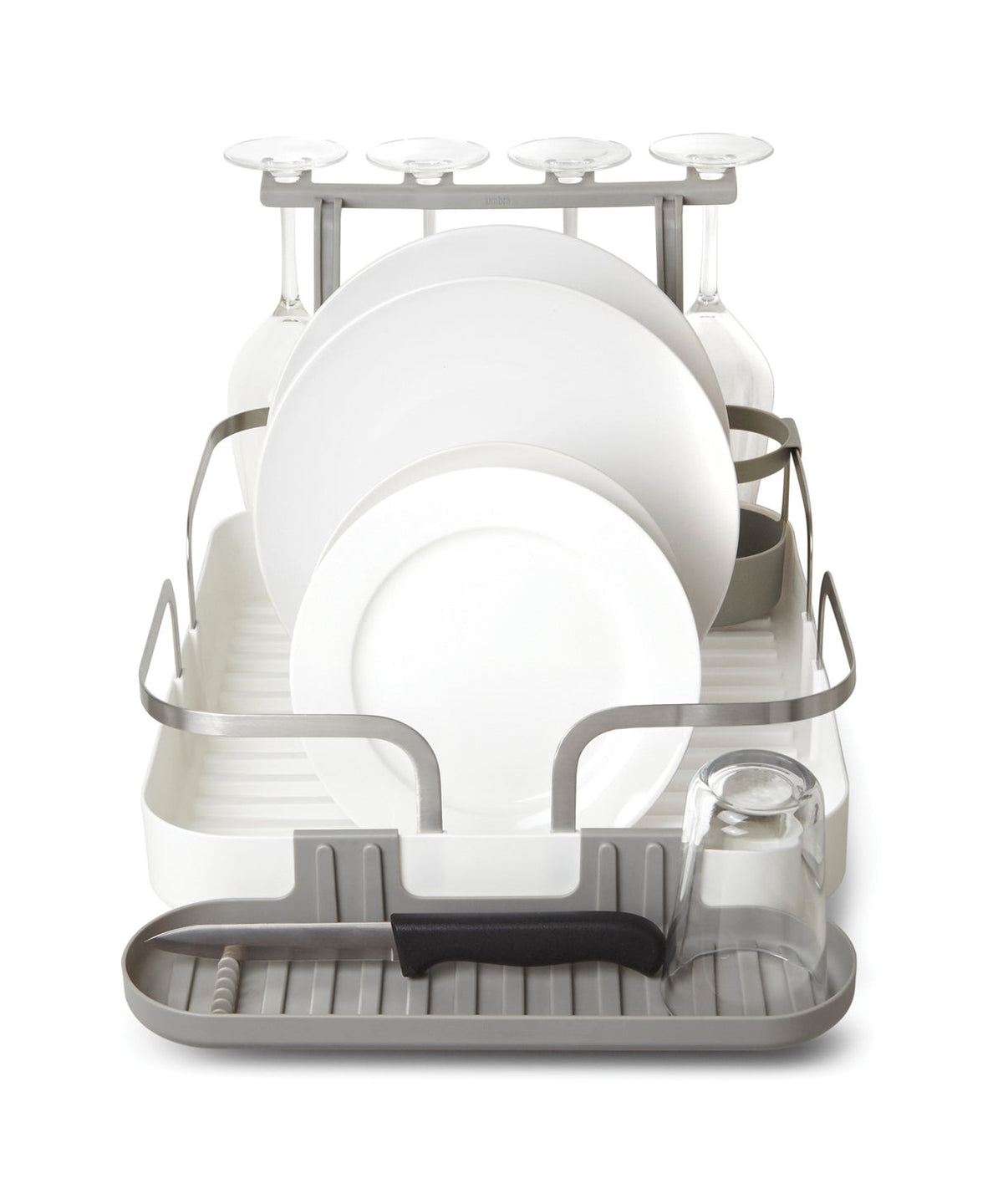Holster dish rack front view with plates, a knife and a glass in place