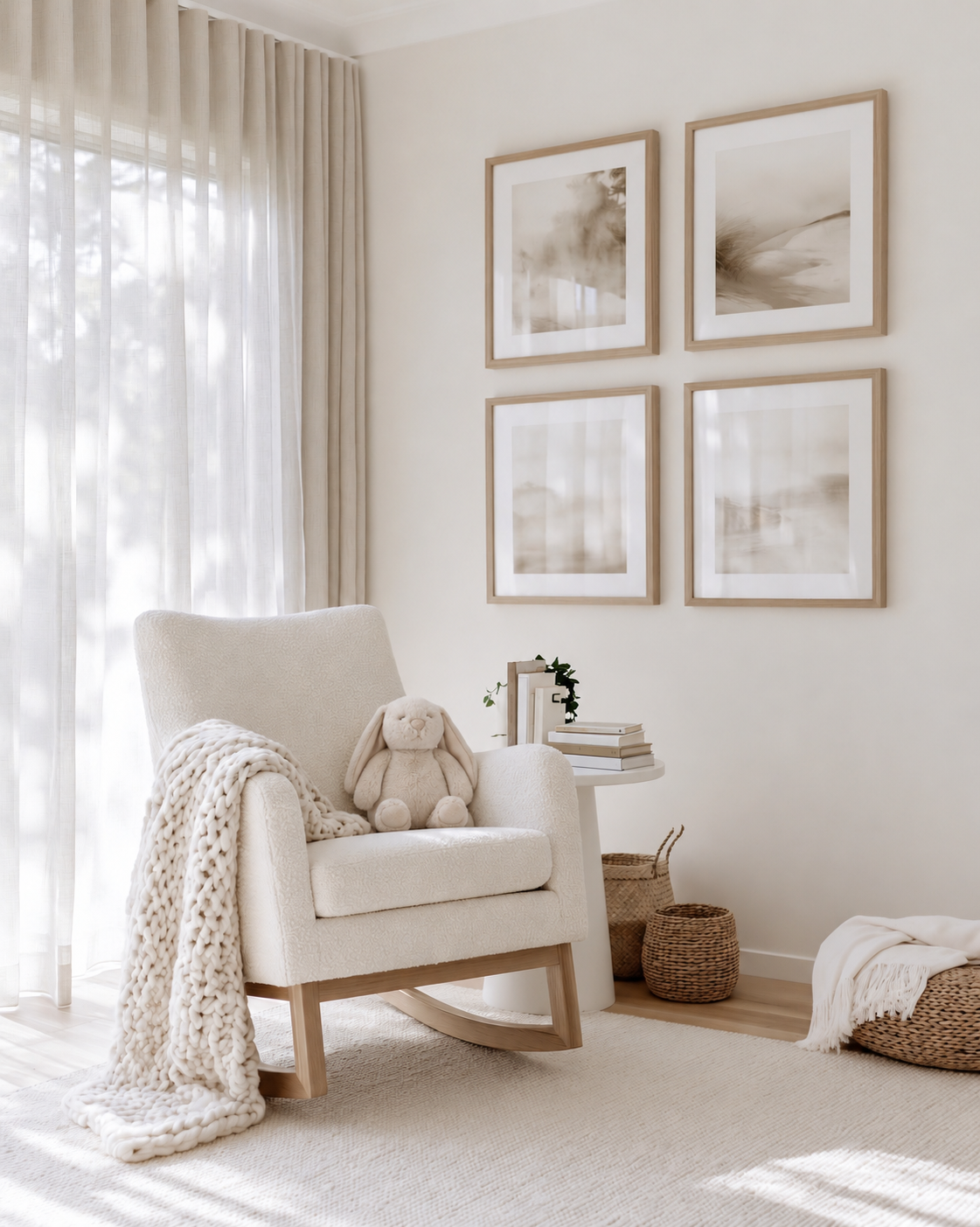 Flopsy Bunny in Biscuit sitting on a cream boucle nursery rocking chair with a chunky knit blanket and framed prints