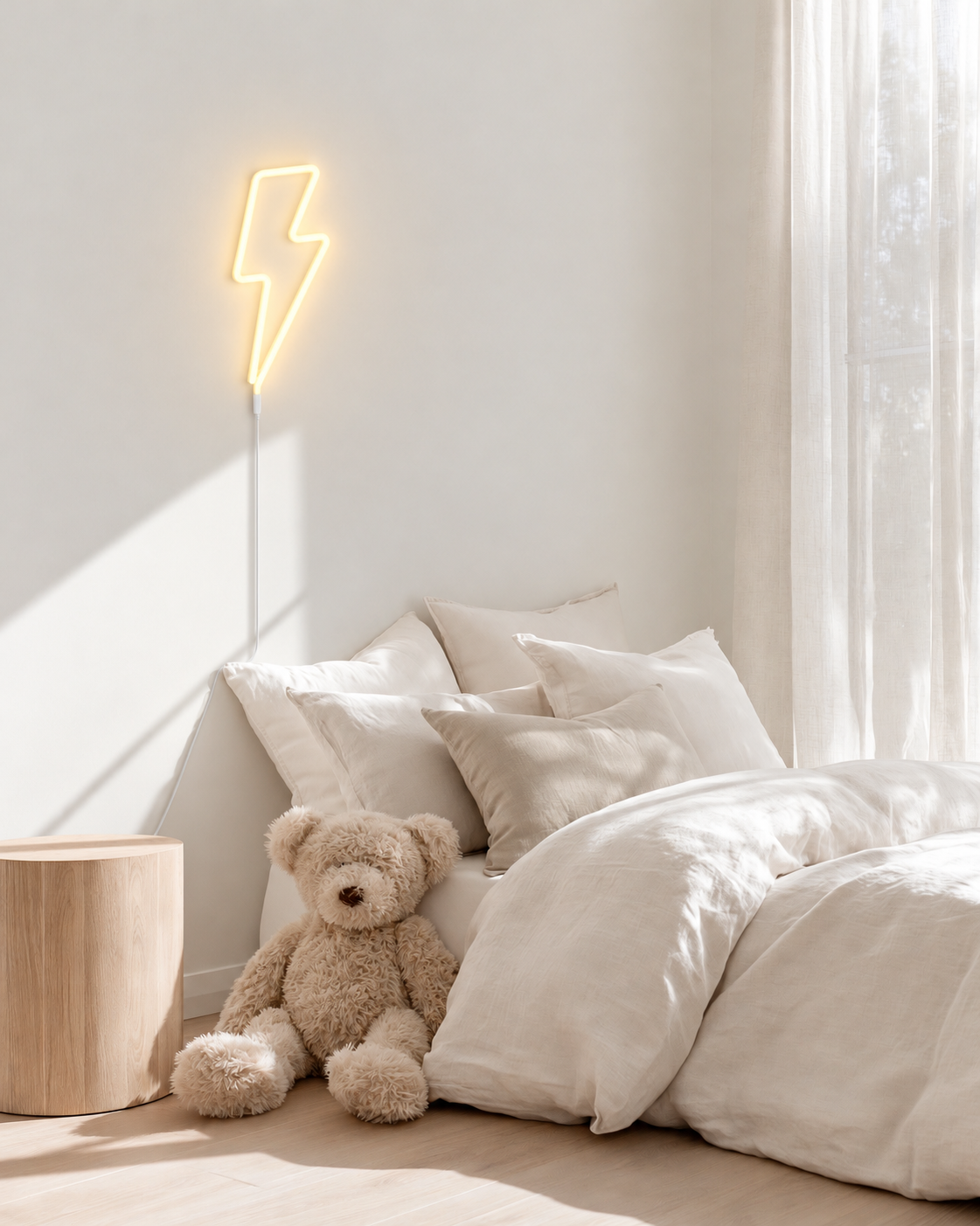 Lightning bolt neon LED wall light glowing yellow on a white kids bedroom wall above linen bedding and a teddy bear