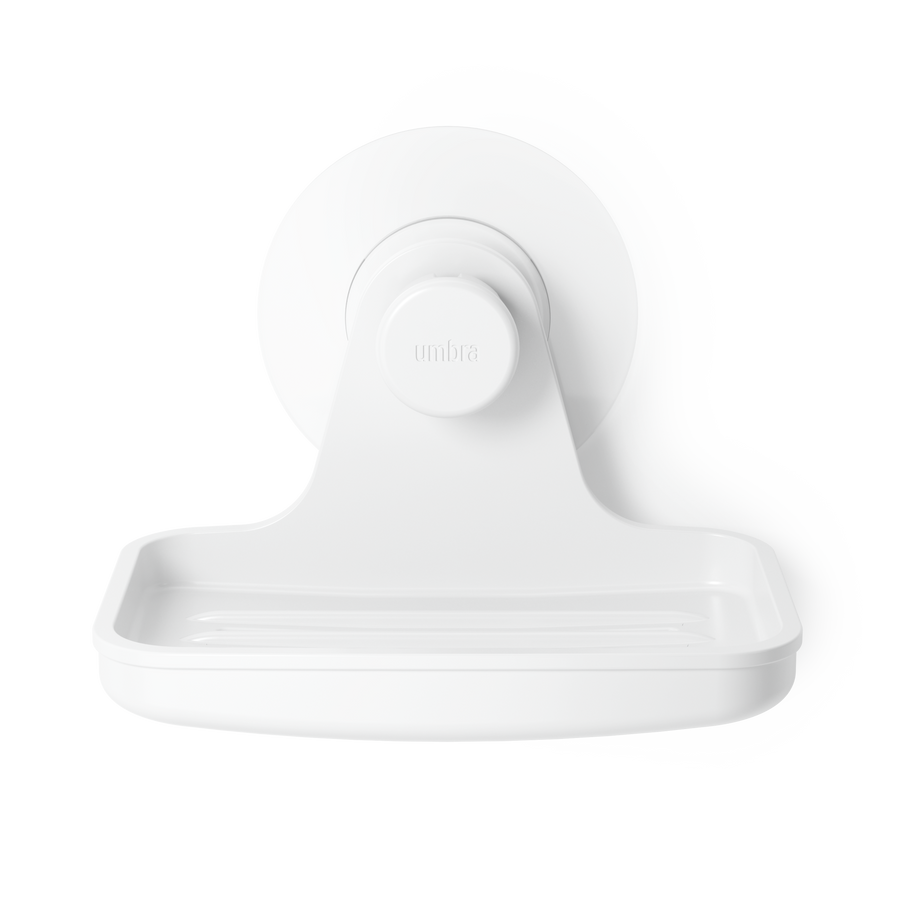 Umbra Flex adhesive soap dish in white, angled view of the dish and adhesive disc