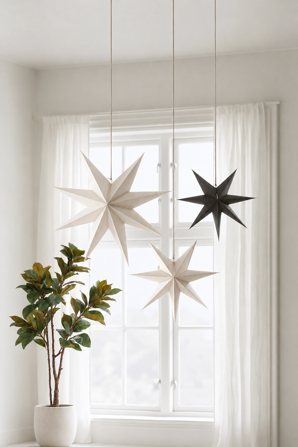 Potted 1.5m faux Magnolia Tree in a white planter beside a sheer curtained window hung with paper stars