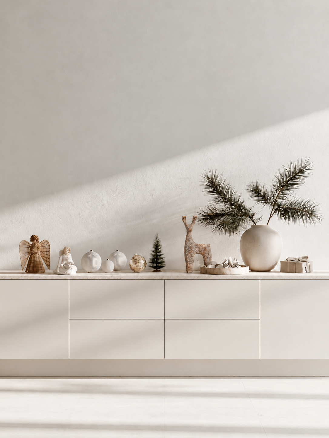White sideboard styled for Christmas with a stone-look deer, mini trees and pine stems in a vase