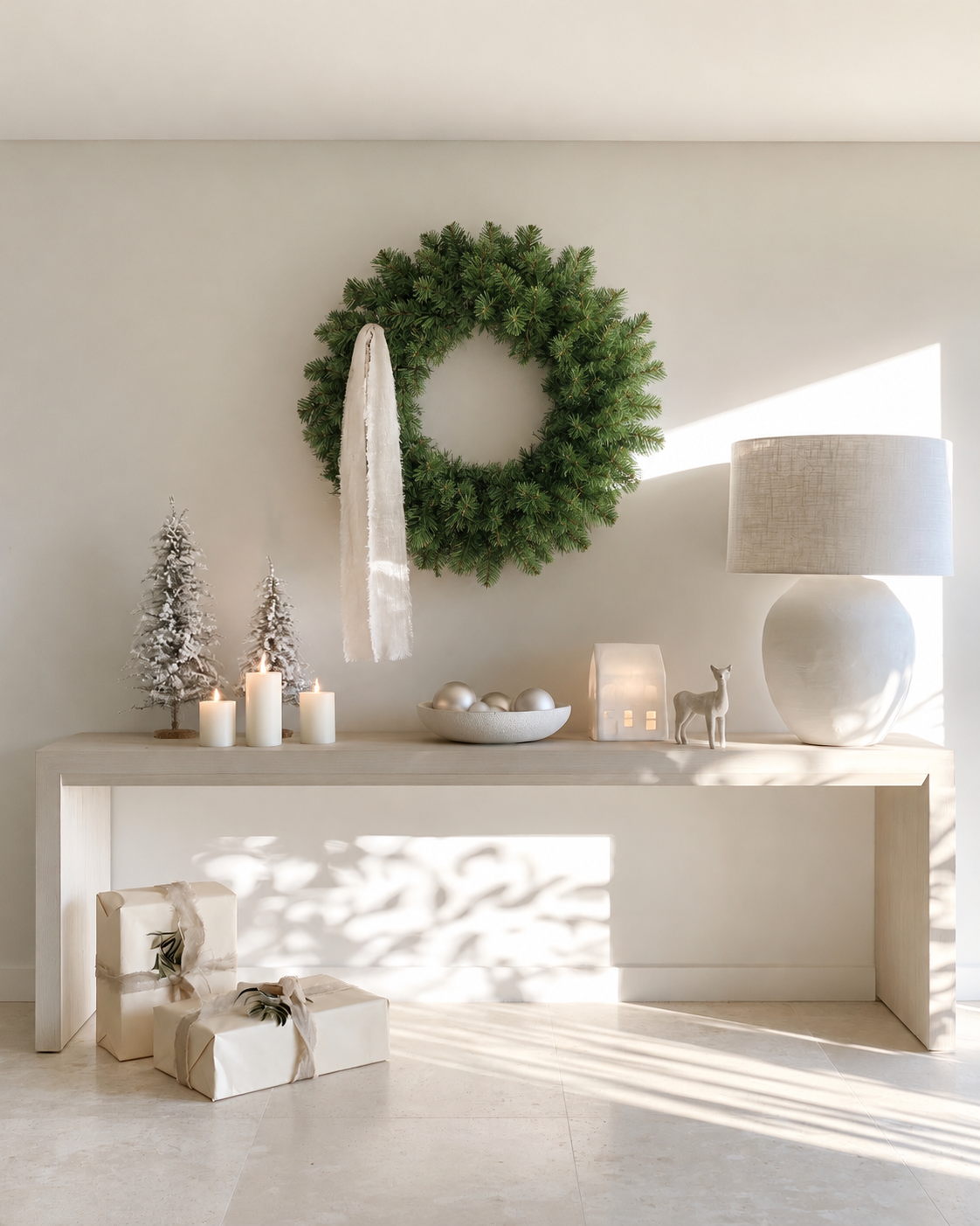 Royale Christmas Wreath hanging above a long white console with a linen lamp, flocked mini trees and candles