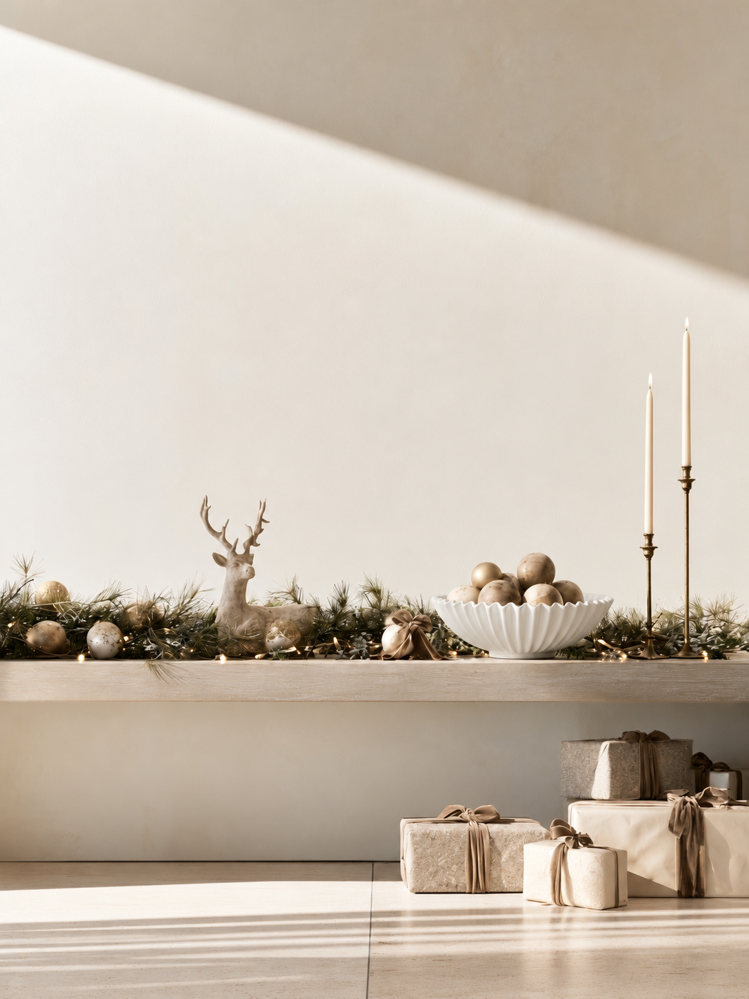 Glossy white Fluted Ceramic Bowl filled with champagne baubles on a Christmas mantel with pine garland and brass candlesticks