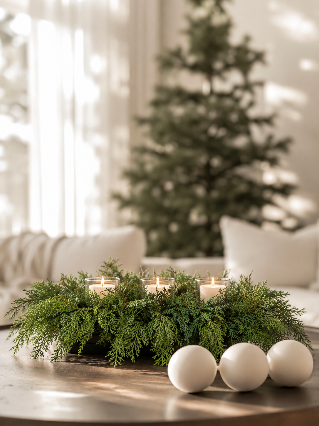 Cypress tealight centrepiece with three lit tealights on a coffee table beside white baubles