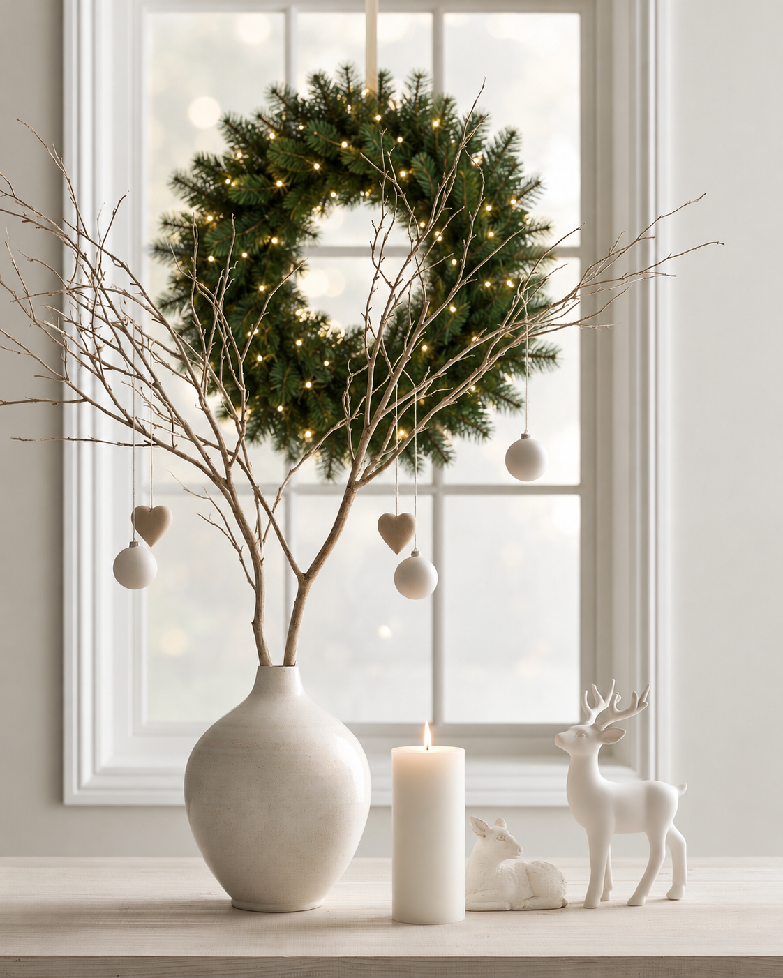 Spruce pre-lit wreath with warm LED lights hung in a window behind a vase of branches and white deer