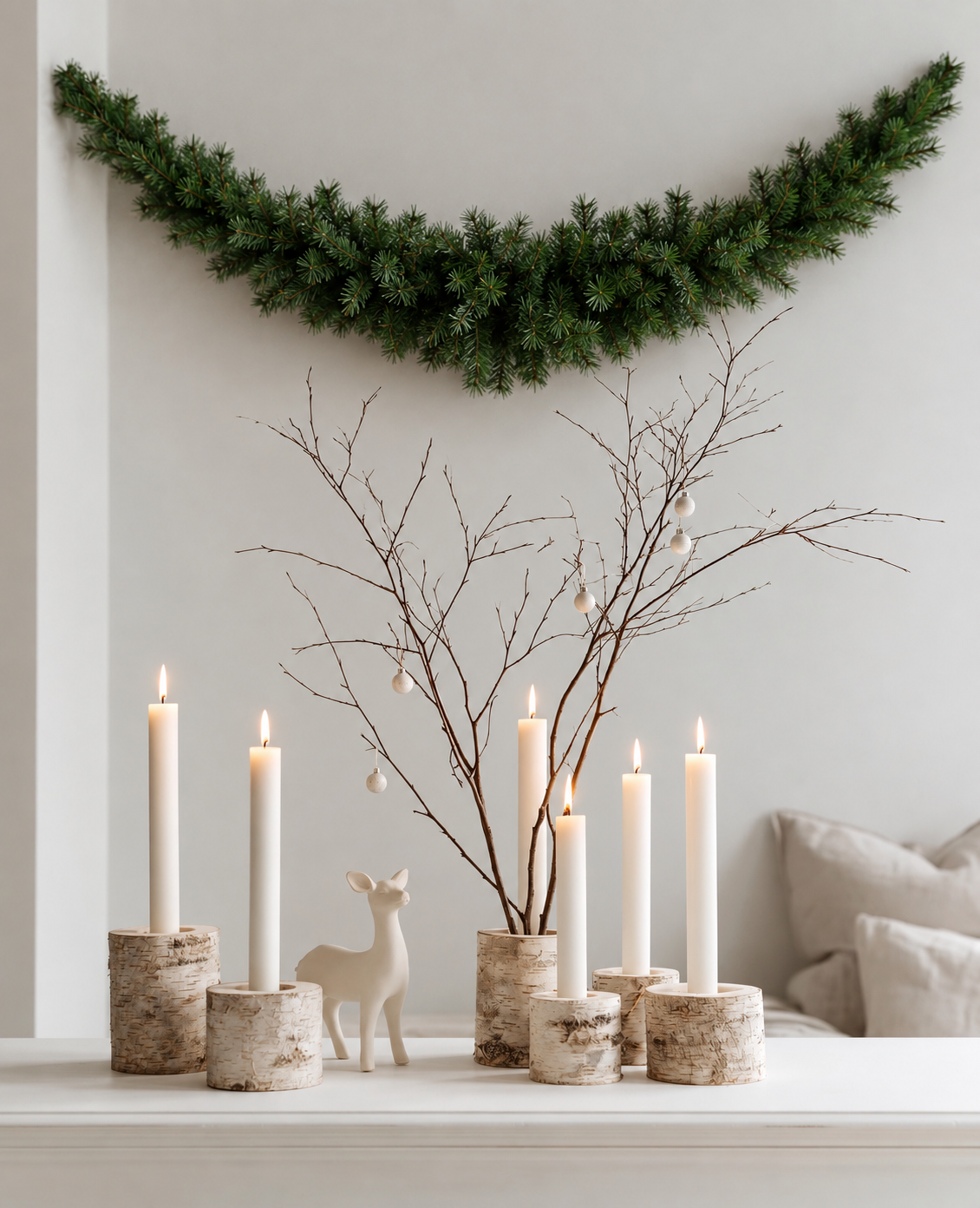 Royale Christmas Swag hung in a curve on the wall above white taper candles in birch holders