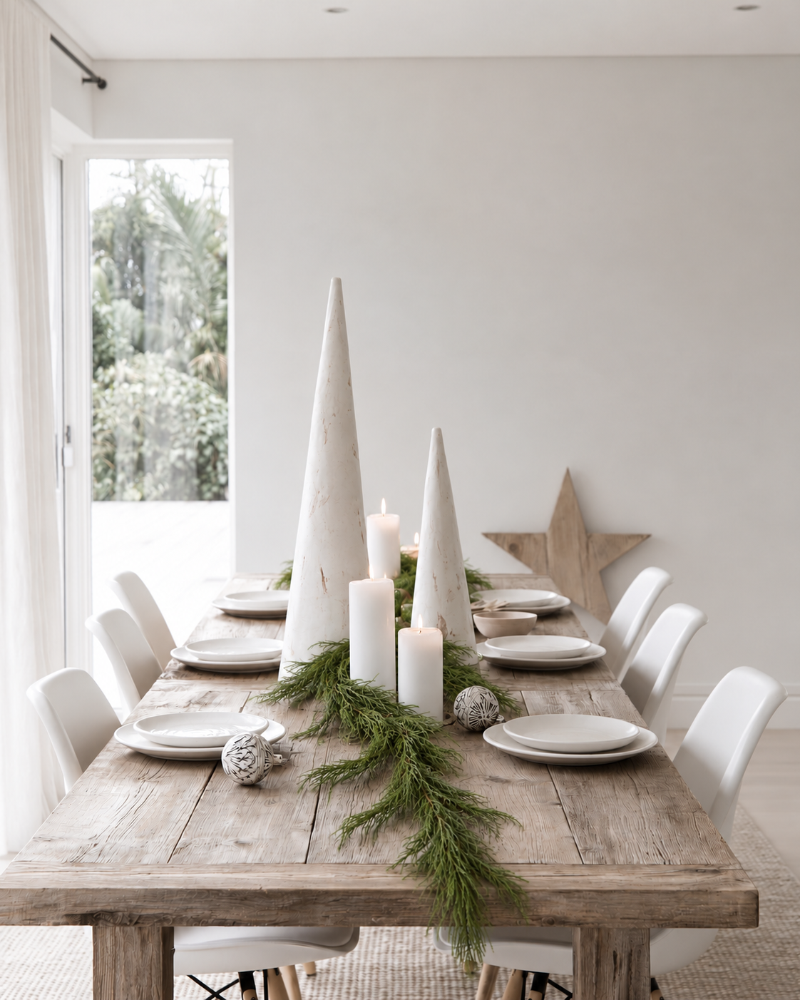 Norfolk Pine Garland as a table runner on a rustic timber dining table with white candles and cone sculptures