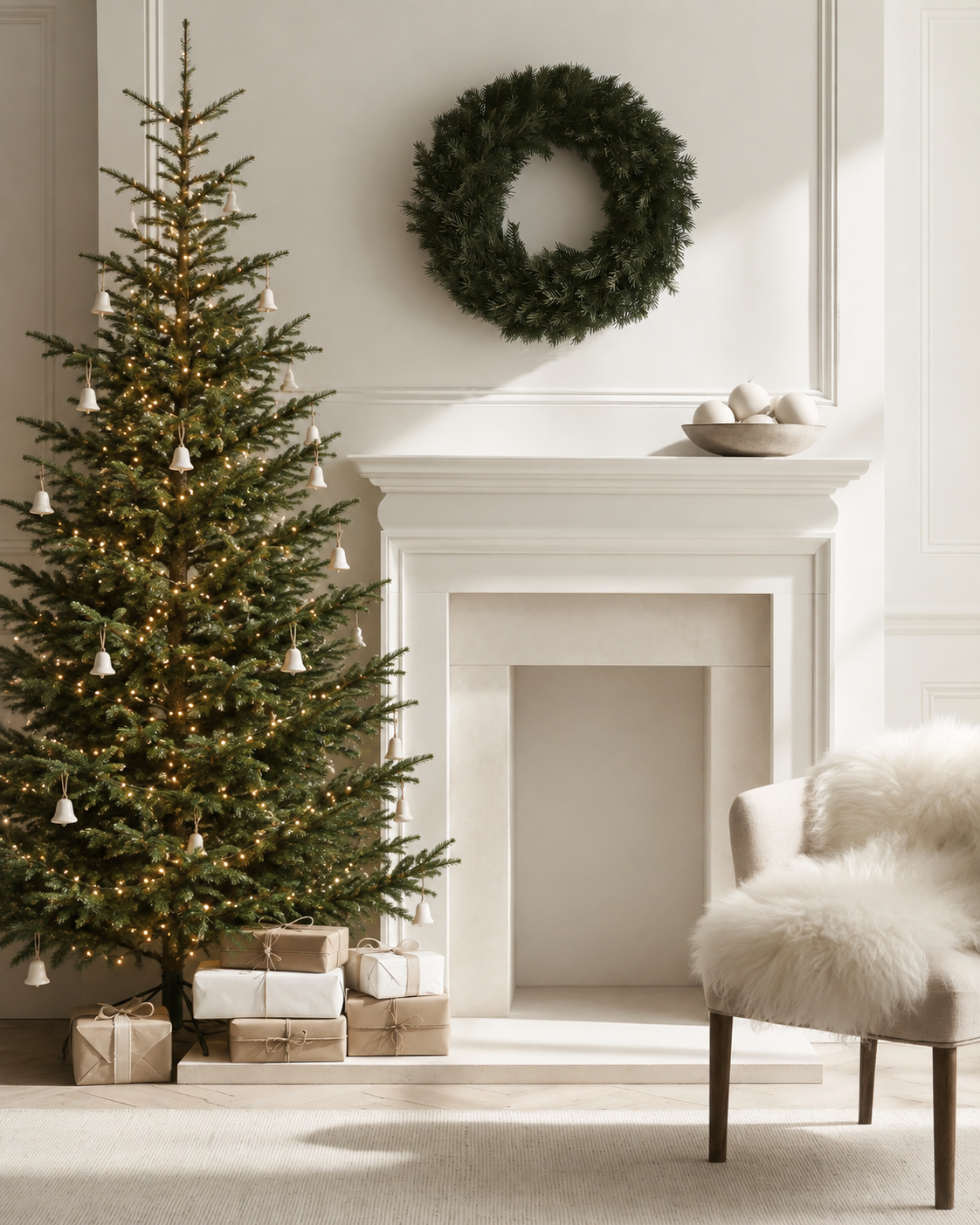 Norway Spruce Christmas Tree 2.3m with warm lights and white bells beside a white fireplace with wrapped gifts