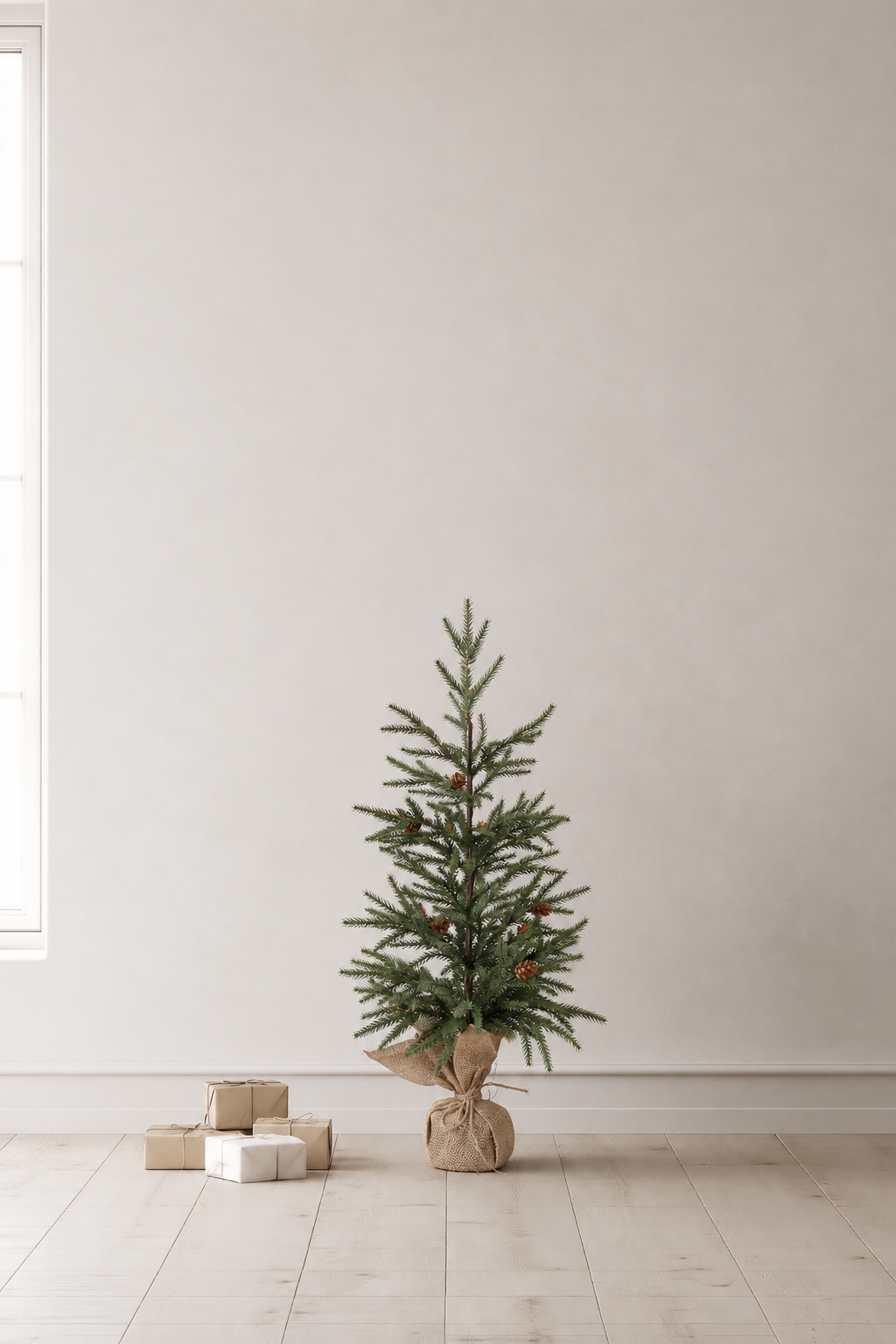 Fir Potted Christmas Tree in burlap, 85cm, standing on a timber floor beside small wrapped gifts