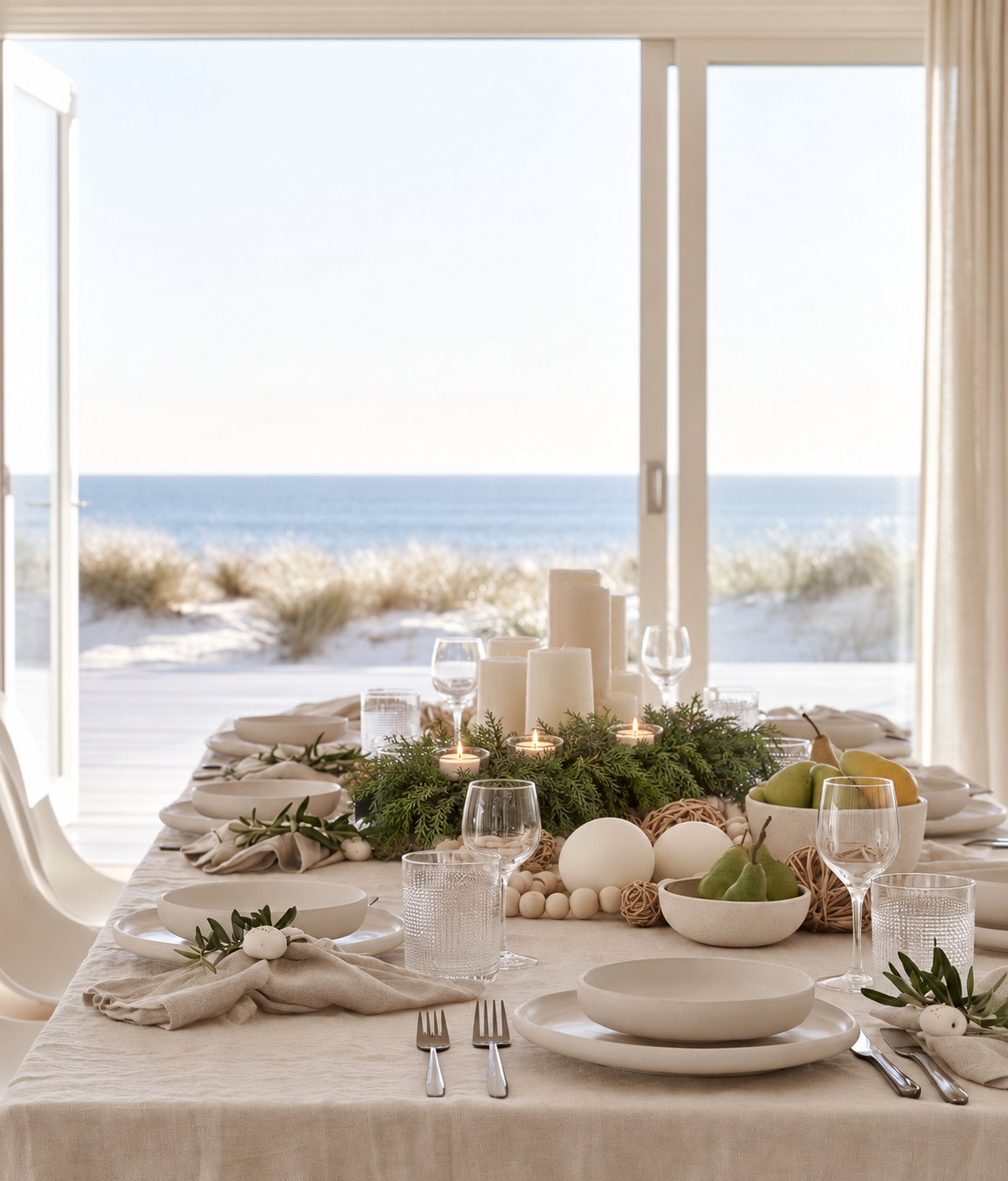 Cypress Tealight Centrepiece with three lit tealights on a linen-dressed coastal dining table overlooking the sea