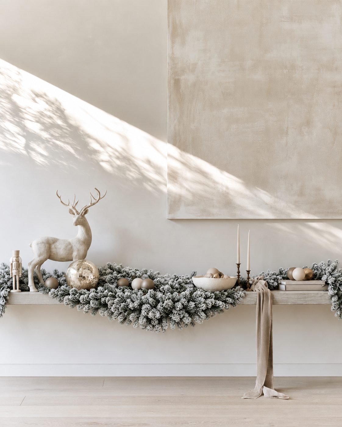Flocked Royale Christmas Swag hanging in a curve from a long timber ledge with a deer figurine and candles