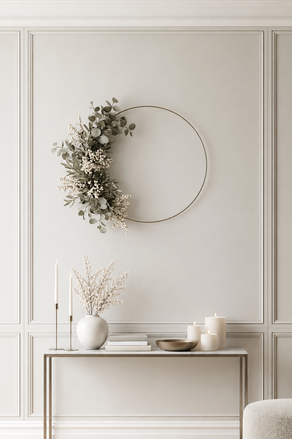 White Pearly Berries Spray stems in a small white vase on a console beside brass candlesticks, under a hoop wreath