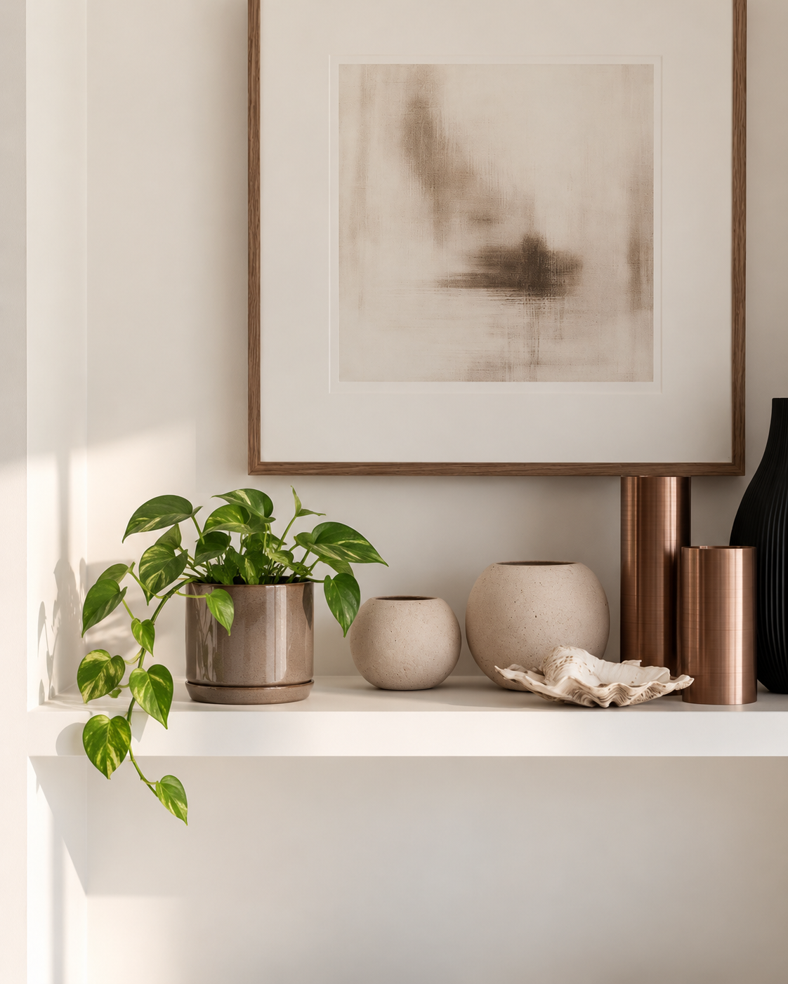 Oslo planter with saucer holding a trailing pothos on a white shelf beside round vases and framed art