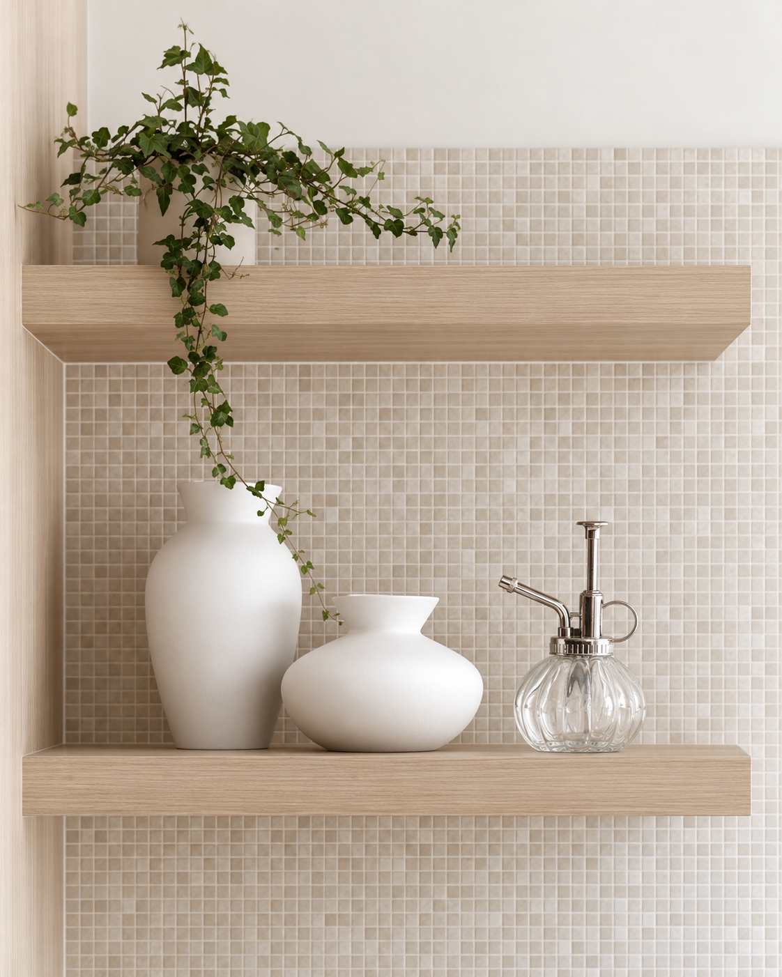 Glass plant mister with a silver pump on a pale oak floating shelf beside white vases, trailing ivy above