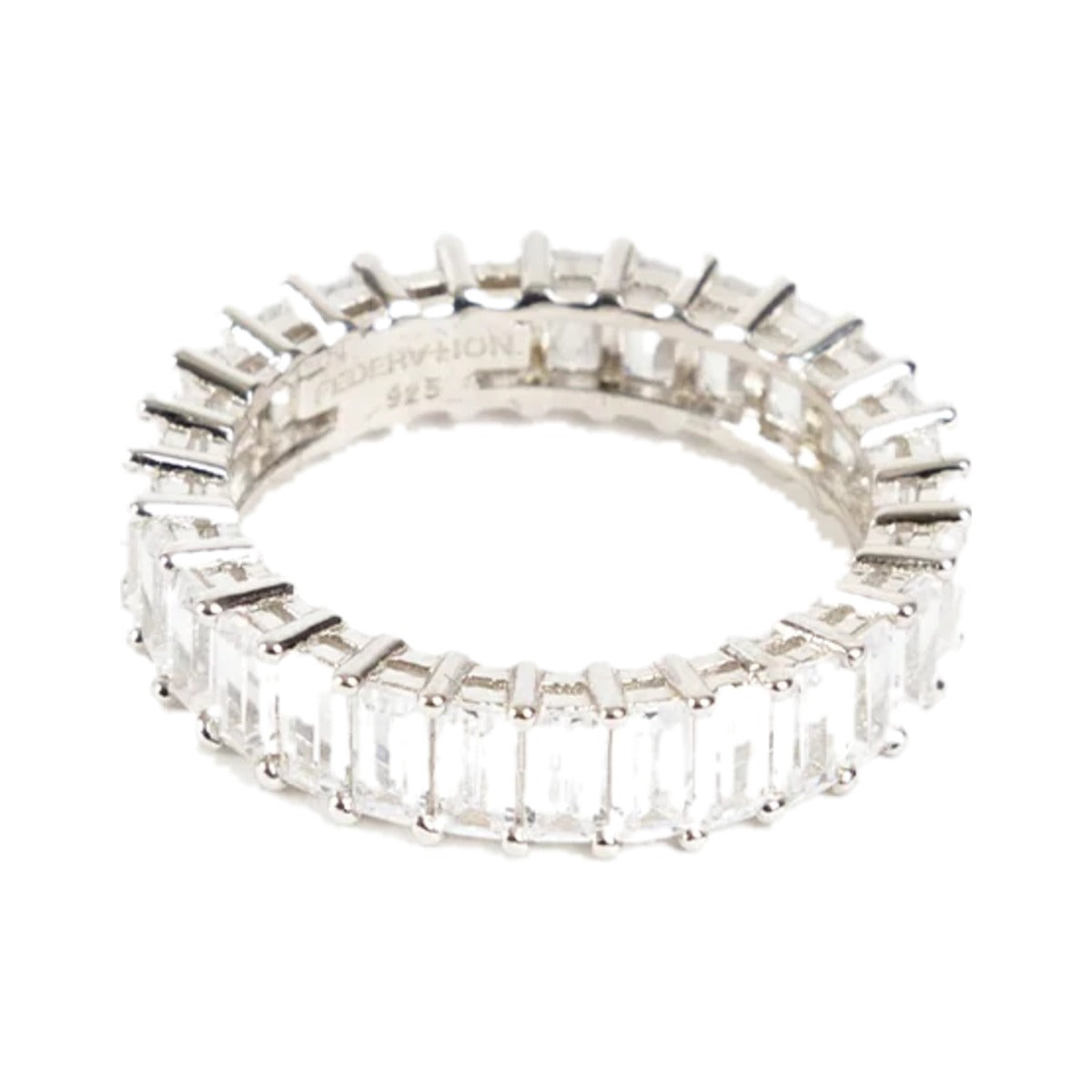 Your Baguette Ring by Federation, silver band set all round with clear baguette stones, on white
