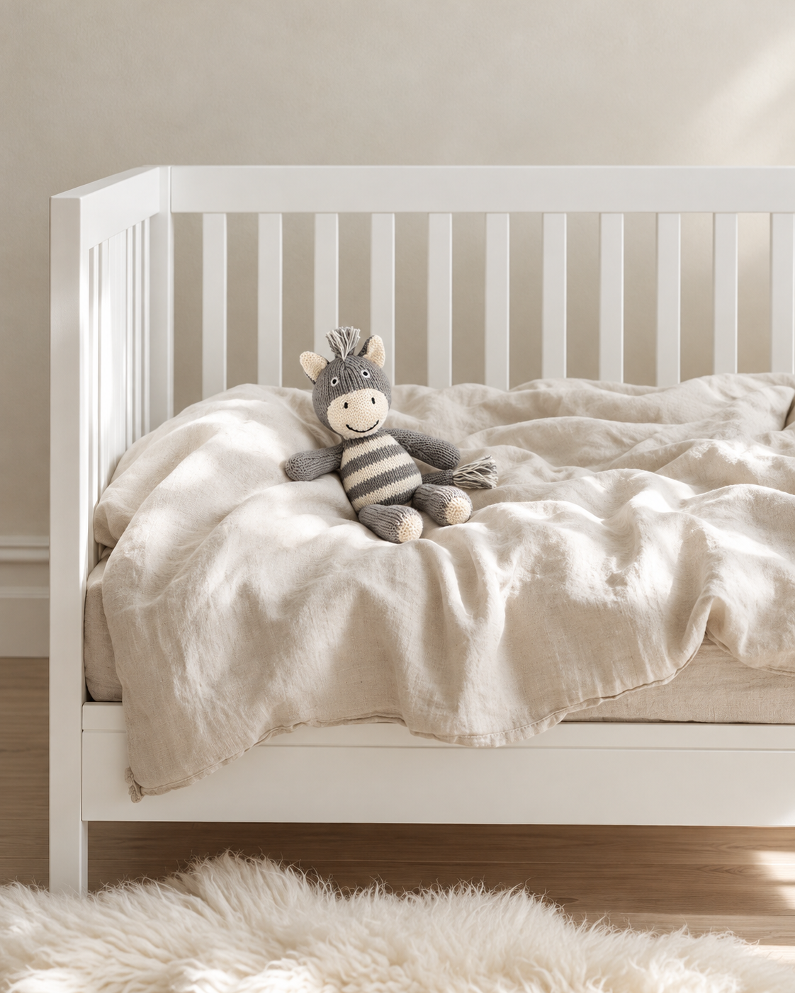 Bowie the zebra knitted rattle sitting on linen bedding in a white cot beside a sheepskin rug